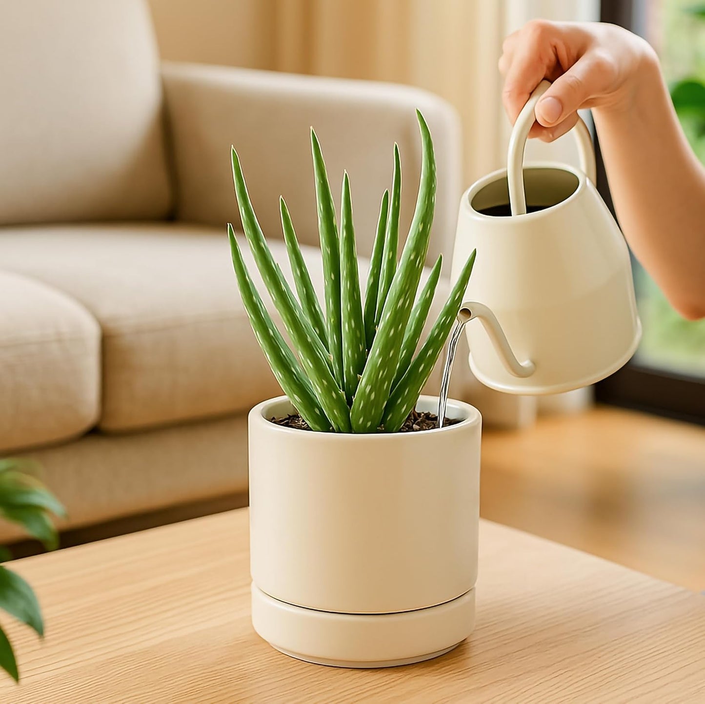 D'vine Dev Set of 4 Small Ceramic Plant Pots, 4.7 Inch Succulent Planter Pot for Plants with Drainage Hole and Saucer, Oatmeal, 94-X-B-8