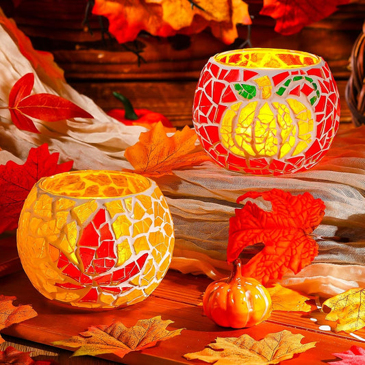 2 Set Glass Mosaic Candle Holder Kit Include Tea Light Holder, Glass Mosaic Tiles DIY Crafts Creativity Handmade Artwork for Adults Home Lighting Decor(Autumn Theme)