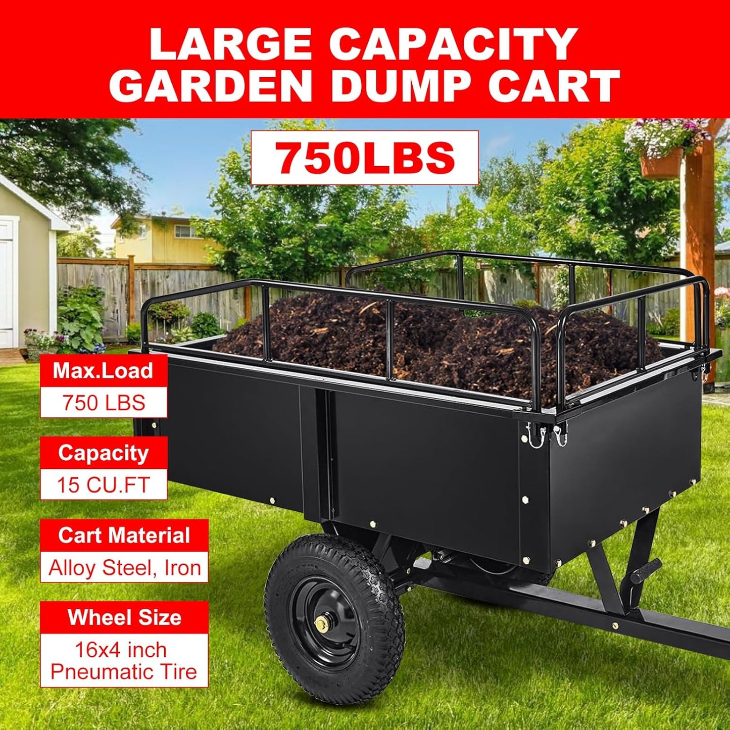 Heavy Duty Steel Garden Cart, 750Lbs Yard Garden Pull Behind Dump Trailer with Removable Sides for Atvs Utvs Lawn Garden Tractors, Black
