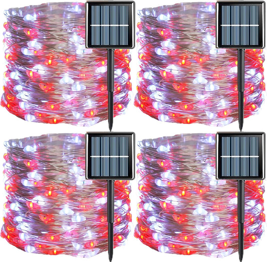 QITONG 4 Pack Red and White Solar Fairy Lights, Each 33ft 100 LED Christmas String Lights Outdoor Waterproof, 8 Modes Silver Wire Twinkle Lights