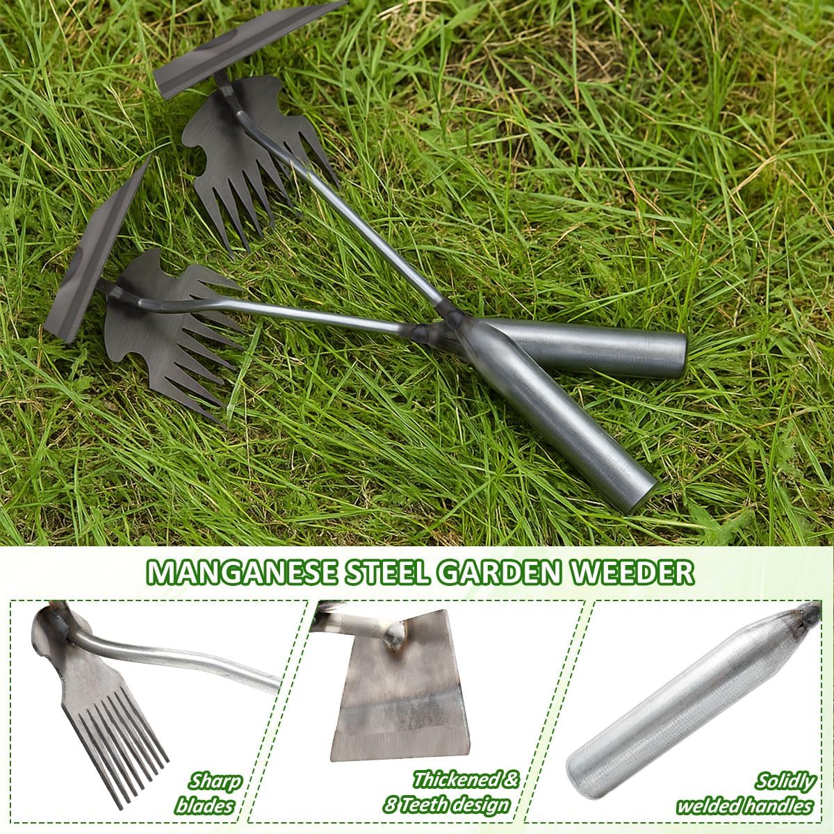 Dual-Head Weed Puller Tool, 2 Pack Heavy Duty Weeder Tool & Weed Remover, Garden Uprooting Tool with Hoe and Rake for Easy Weed Removal
