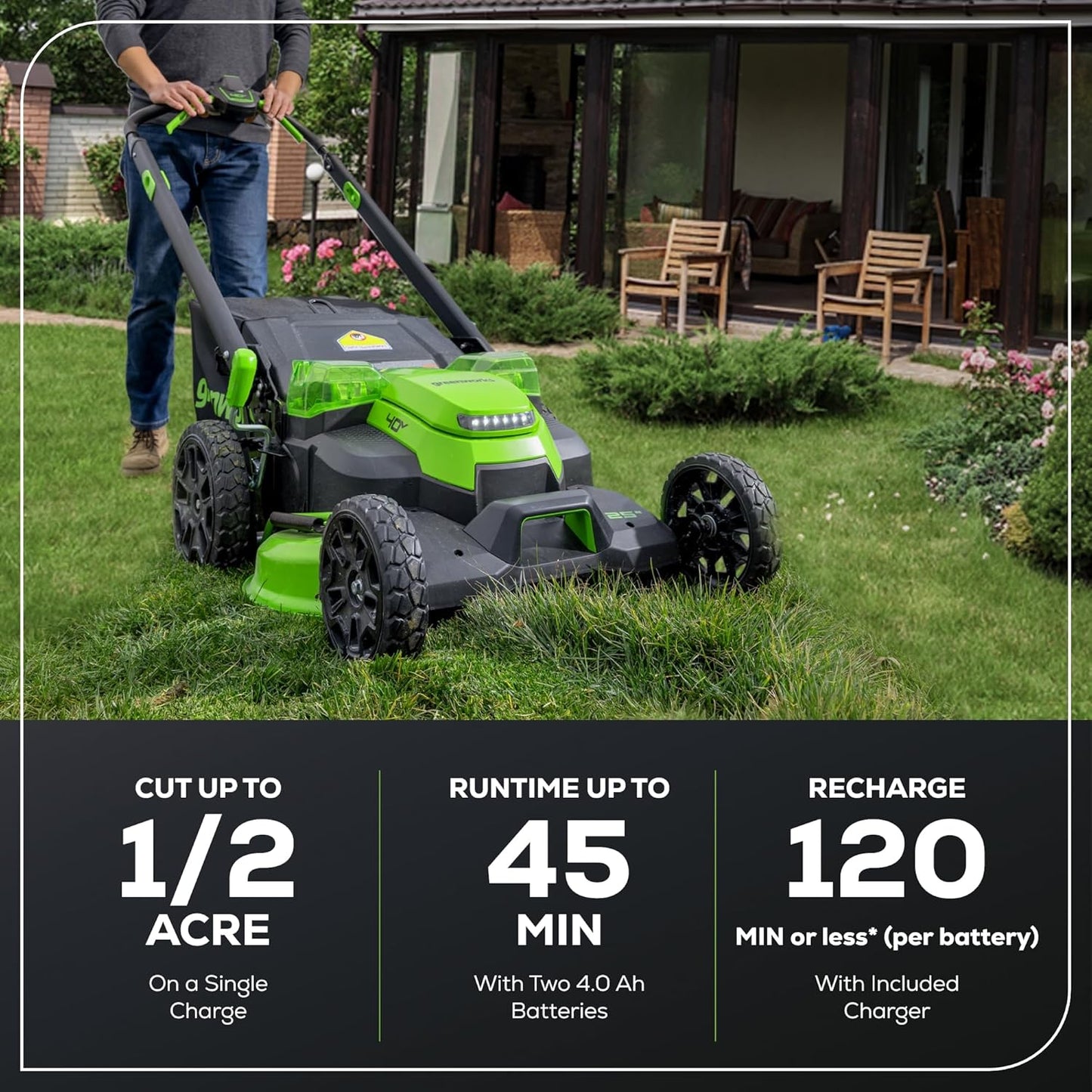 Greenworks 40V 25" Brushless Cordless (Self-Propelled) Lawn Mower (75+ Compatible Tools), (2) 4.0Ah Batteries and Dual Port Rapid Charger Included