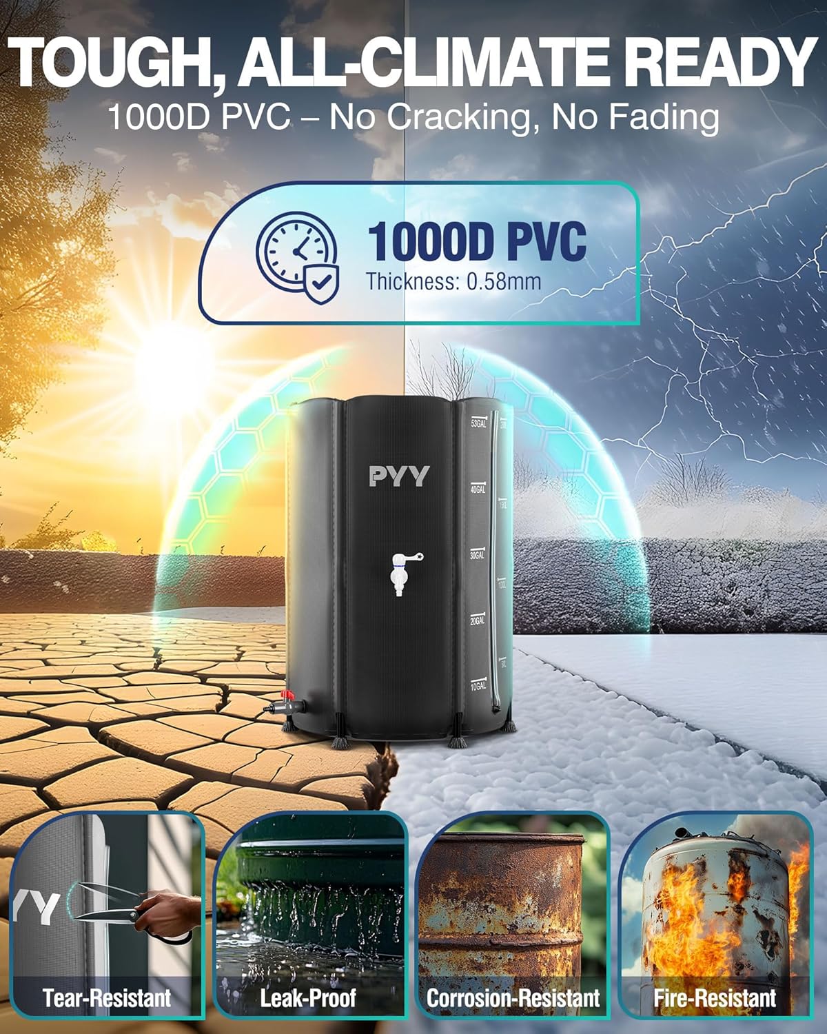 PYY Rain Water Collection Barrel - 53 Gallon Black Water Storage Tank with Spigot, Hose and Portable Bucket, Large Plastic Collapsible Rain Catcher Catchment System to Collect Rainwater from Gutter