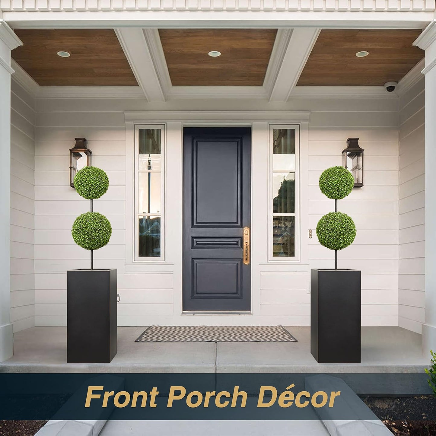 Metallic Heavy Planter for Outdoor Plants, 14Lx14Wx30H Inches, Tall Metal Planter Box with Hand Brushed Gold Edge for Outside & Indoor, 25 Pounds, No Assembly and Seamless, Set of 2 (Black)