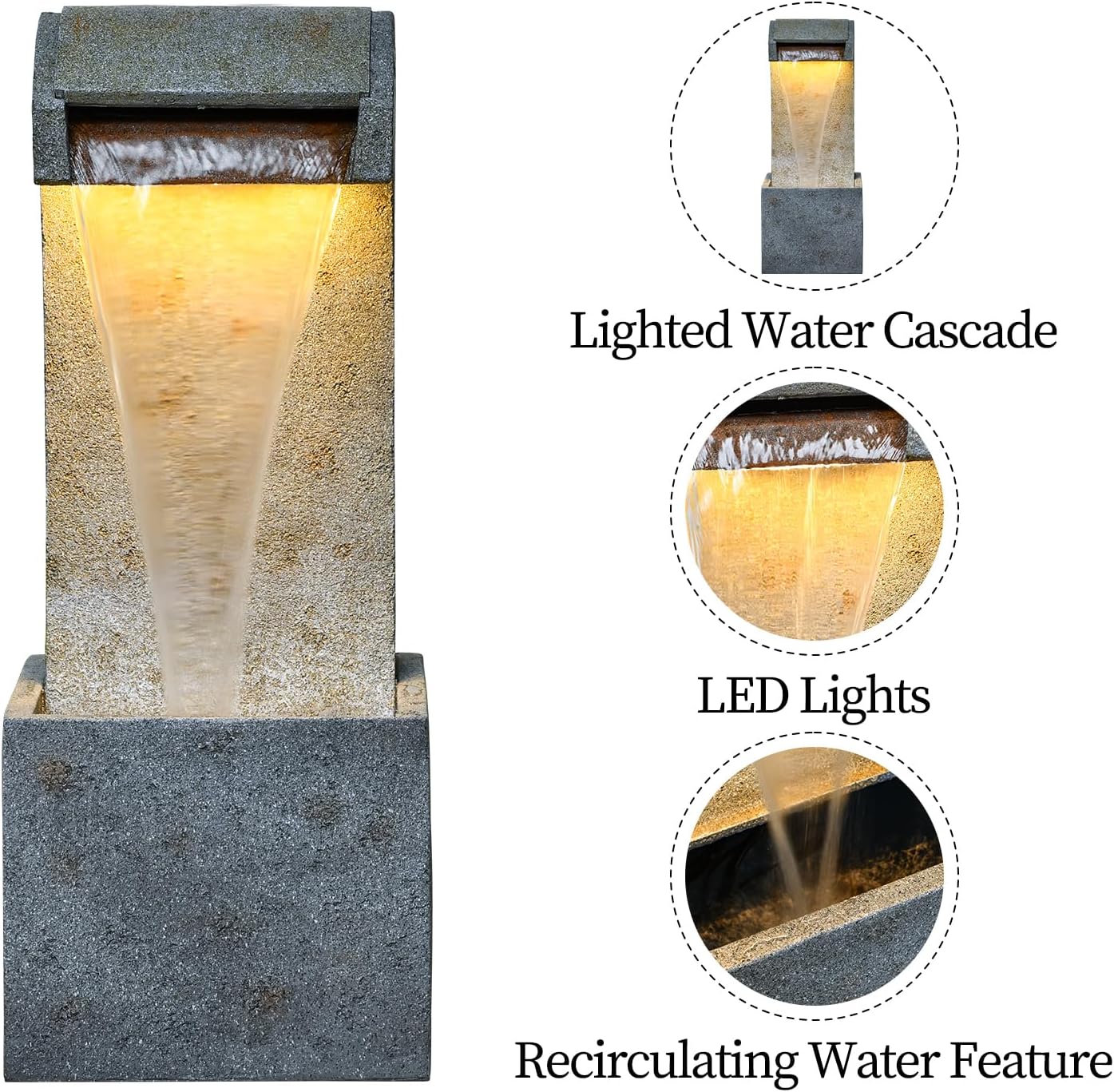 35.83'' Outdoor Garden Cascading Stone Floor-Standing Waterfall Fountain with LED Lights for Patio, Backyard, Deck, Porch and Home Art Decor