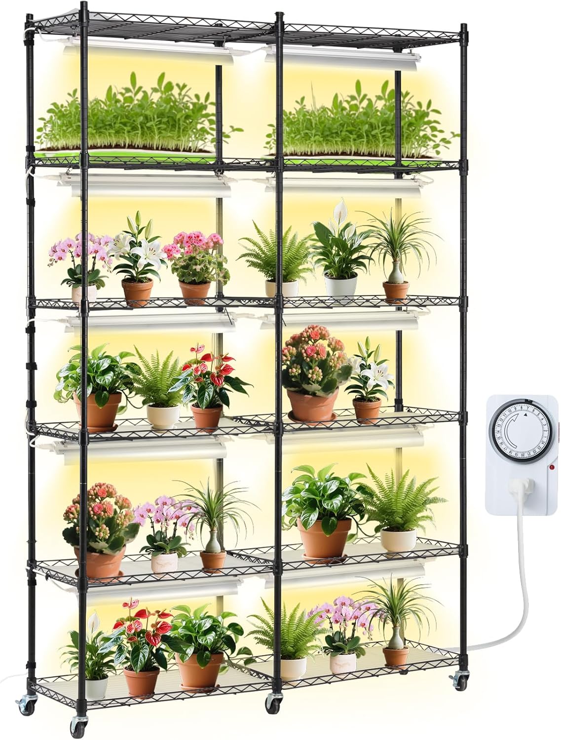 VEVOR Plant Stand with Grow Light, 6-Tier Large Tall Plant Shelf with 3000K 200W Full Spectrum Grow Light, Indoor Grow Light Shelf with Timer and Wheel for Seed Starting 47.2" L x 13.8" W x 70.8" H