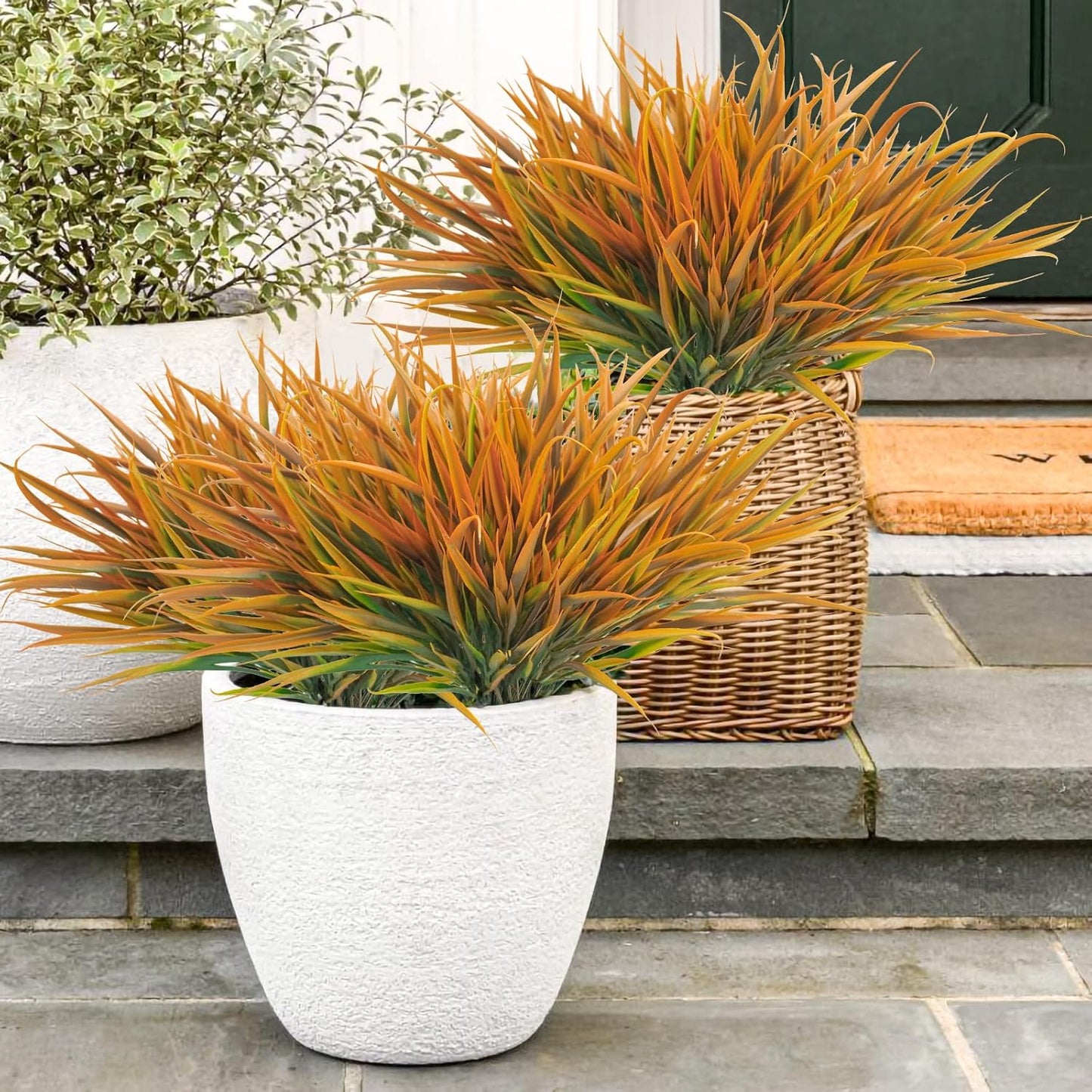 Uieke 6 Bundles Artificial Outdoor Plants UV Resistant Fake Grass Plants Faux Plastic Plants Greenery Shrubs for Home Garden Pathway Window Box Front Porch Summer Fall Decor, Autumn Orange