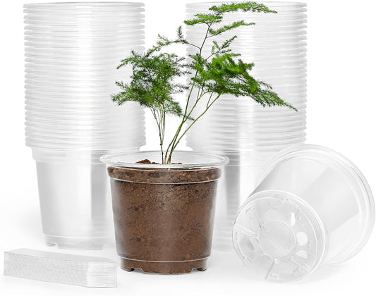 60 Pack 4 Inch Clear Nursery Pots with Drainage Holes, Transparent Plastic Plant Pot, Reinforced Seed Starter Pots Flower Pots Come with 50pcs Plant Labels