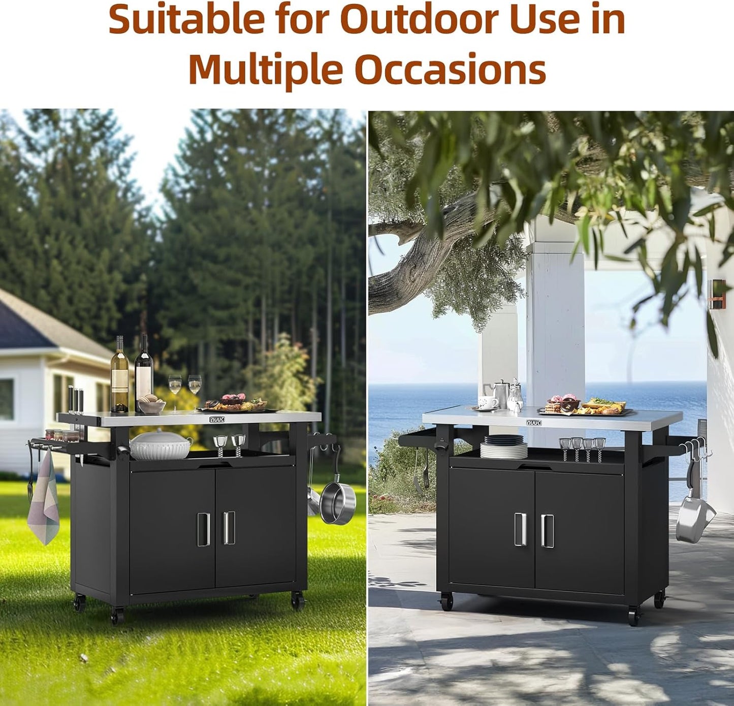 NUUK Outdoor Grill Cart with Storage Cabinet Metal Kitchen Island Prep Table with Movable Universal Wheels and Stainless Steel Top for Outside BBQ Backyard Include Hooks Spice Rack
