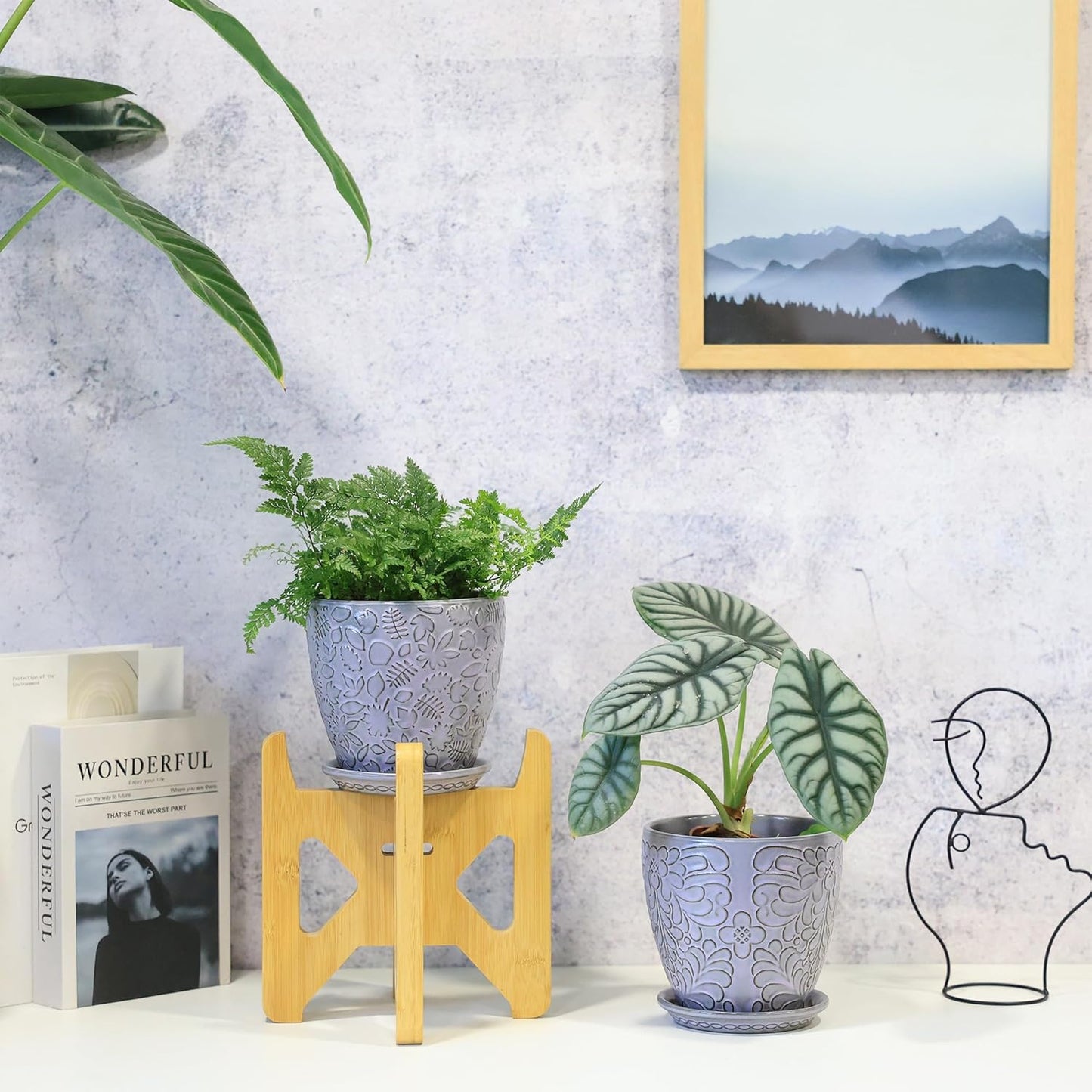 6 Inch Retro Ceramic Planter Set of 2 with Drainage Hole and Saucer for Plants, Indoor-Outdoor Garden Pots for Succulents, Orchids, and Flowers (Fits Inner Pots Up to 5 Inches, Light Blue)