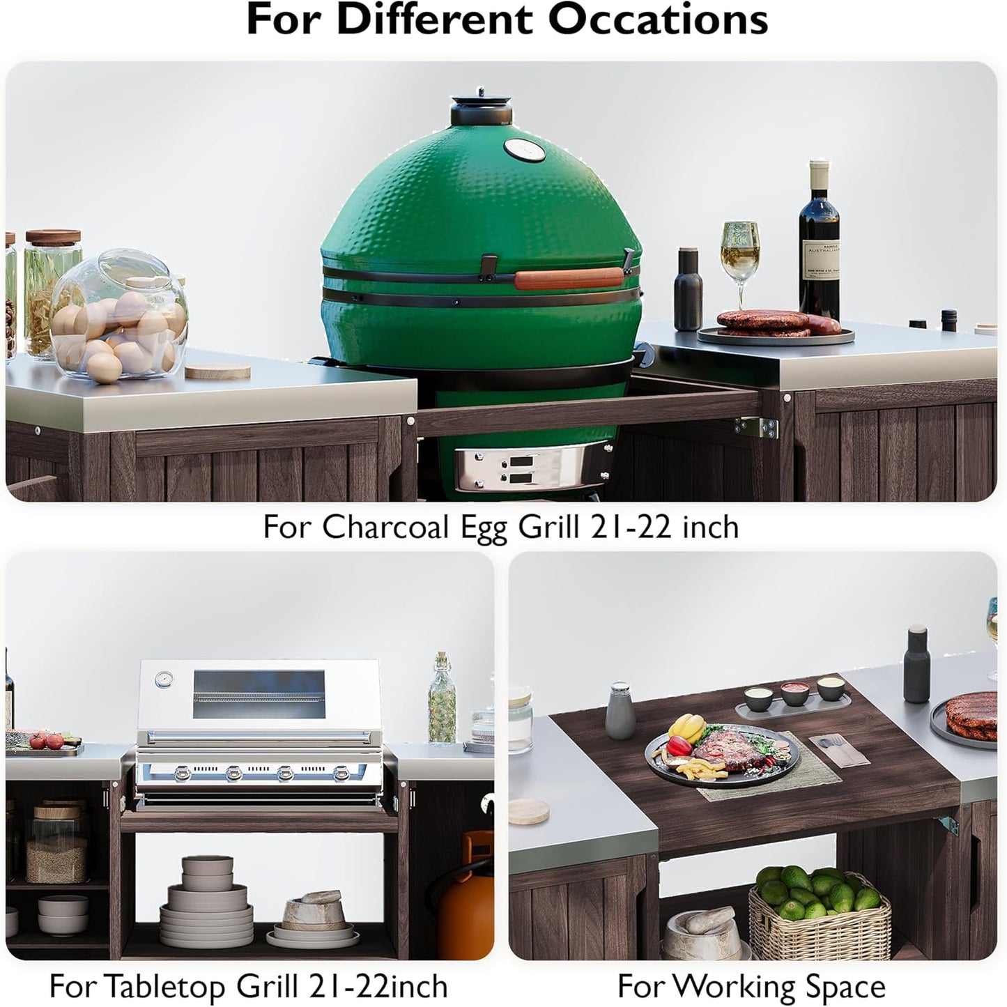 Merax 66.5" Outdoor Grill Table for Big Green Egg, Farmhouse Kitchen Island on Wheels with Stainless Steel Tabletop, Drawer and Spice Rack, Solid Wood Outdoor Storage Cabinet for Backyard, Dark Brown