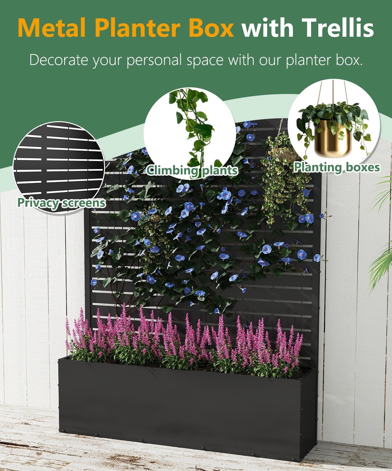 2PCS Metal Planter Box with Trellis,70.9"x47.2"x15.7" Raised Garden Bed with Drainage Holes, Privacy Planters for Outdoor, Garden Bed for Climbing Plants,Vegetables,and Vines, Black-louvered