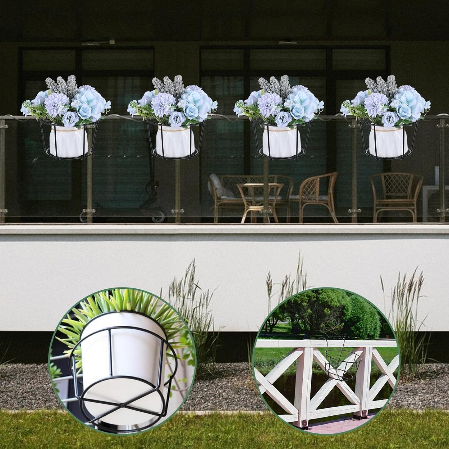 6 PCS Hanging Railing Planter, Balcony Hanging Planters, Metal Railing Planter - Black Iron Flower Pot Holders for Outdoor, Garden, Fence, Porch