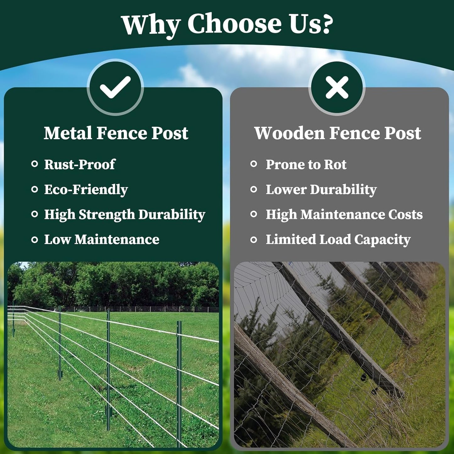 20 Pack Garden Fence Post, 4 Feet Heavy Duty Metal U-Post for Wire Fence, No Dig Garden Fence Stakes for Temporary Fencing, Electric Fence Wire, Corner Anchor, and More-Green