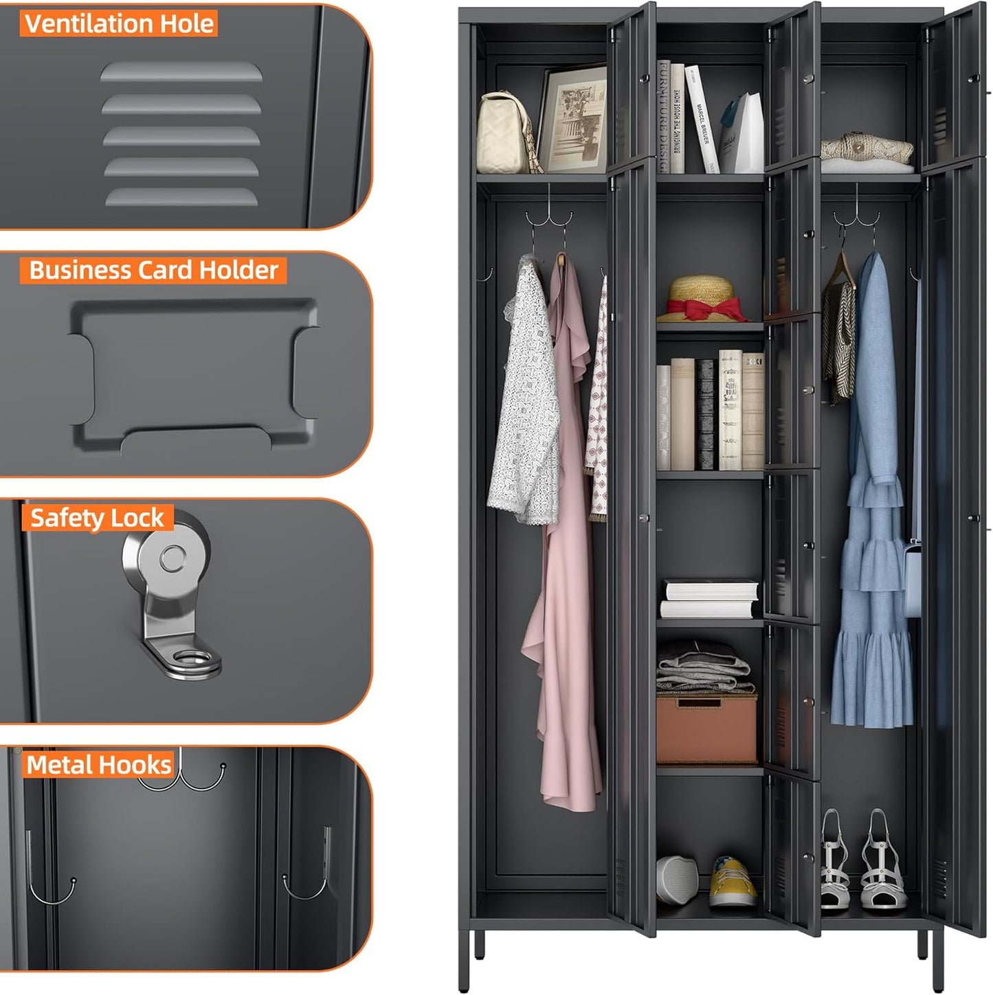 72" H Metal Storage Lockers with Doors,Industrial Combination Employee Lockers with Hooks for Office,Home Gym,School,Assembly Required,8+2Doors,Grey