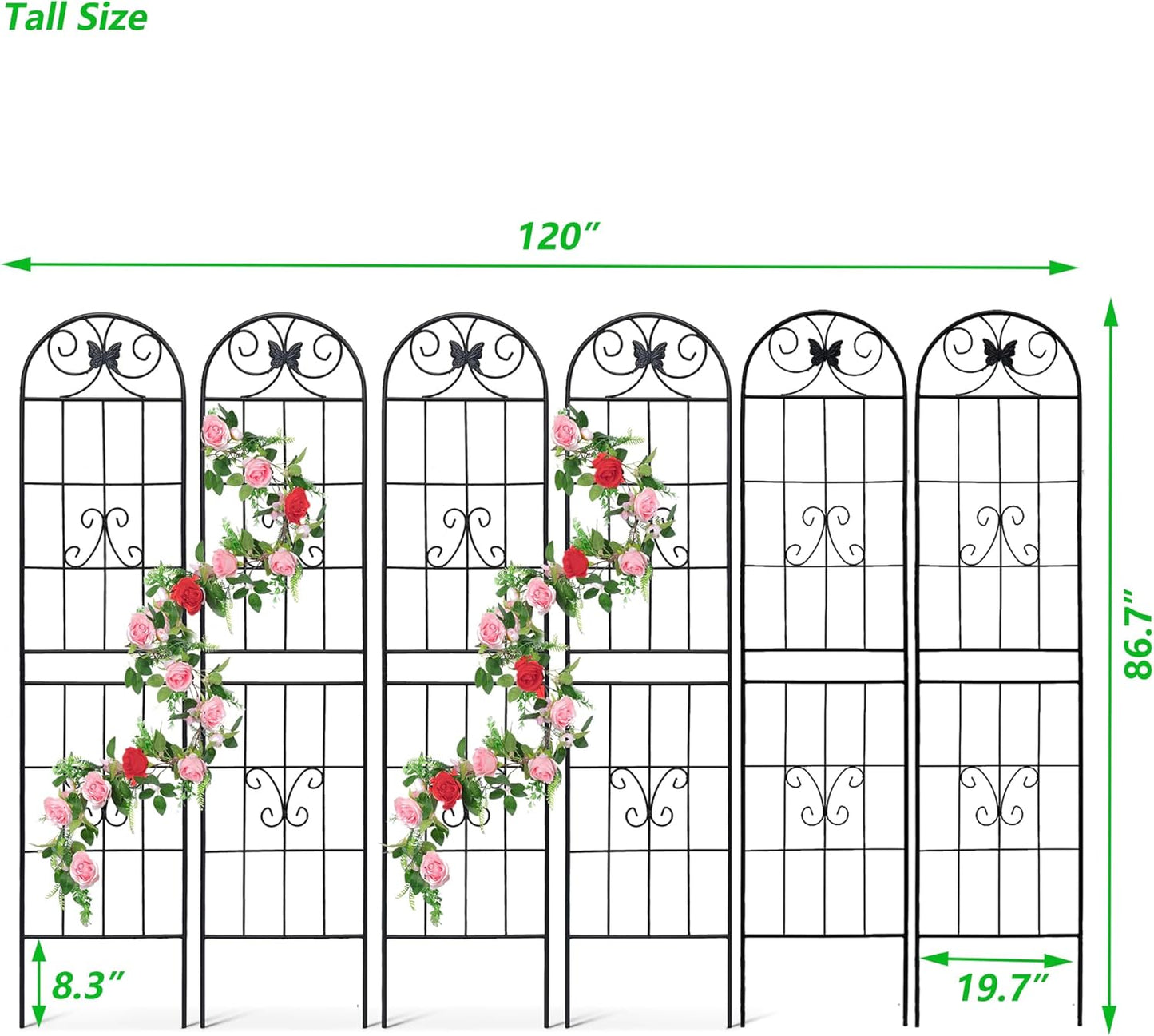 6 Pack Metal Garden Trellis 87" Tall for Climbing Plants Garden Fence Rustproof Outdoor Trellis Support Roses Flower Lawn, Black 7.2FT
