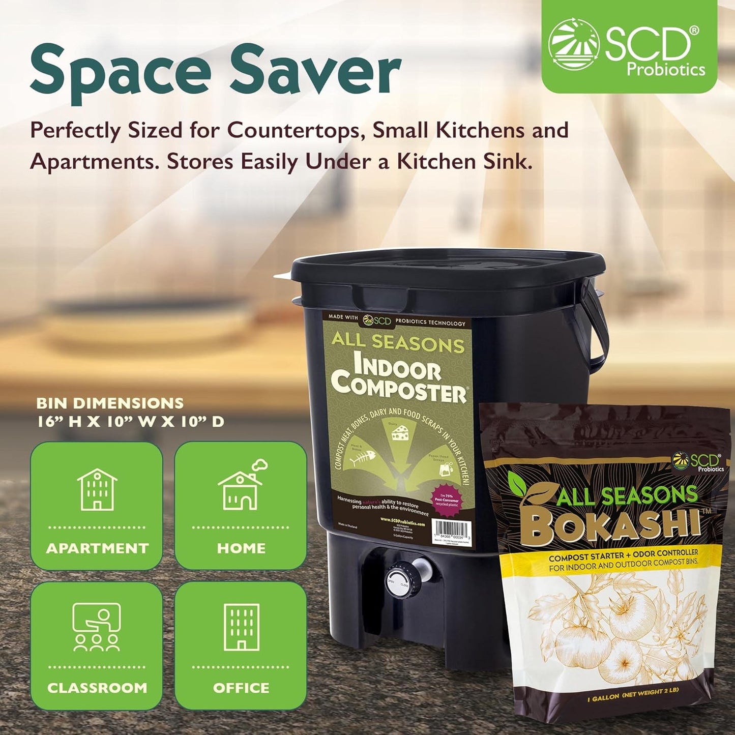 All Seasons Indoor Composter Starter Kit – 5 Gallon Black Compost Bin For Kitchen Countertop With Lid, Spigot & 1 Gallon (2 lbs.) Bag Of Dry Bokashi Bran – Made In USA by SCD Probiotics