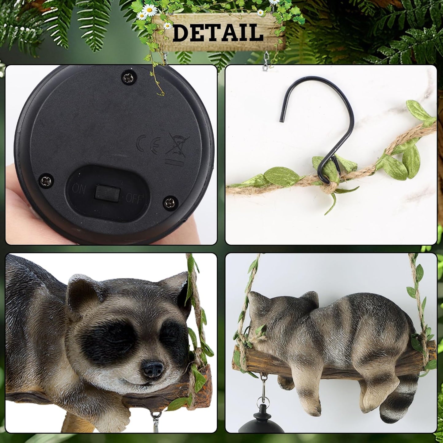 Solar Lighted Garden Outdoor Statue, 20.1" H Hanging Swing Lying with A Sleeping Raccoon and A LED Lantern, Resin Animal Figurine Hanging Ornaments with Hook for Decoration & Gift