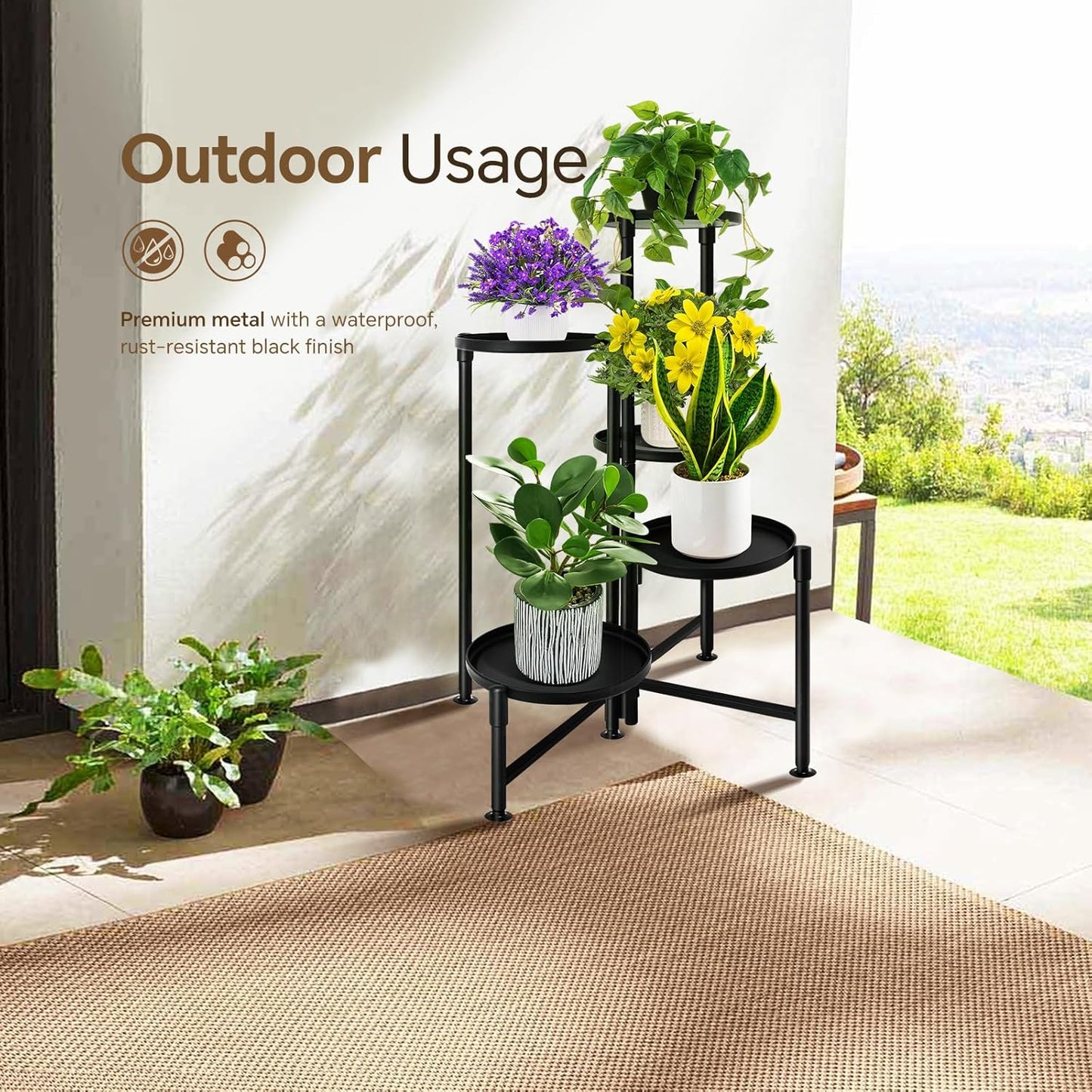 5 Tier Plant Stand Indoor, Metal Corner Plant Shelf Outdoor, Foldable Tall Plant Rack for Mutiple Plants, Flower Pot Holder Display Stand for Living Room Patio Home Decor for Gatdening