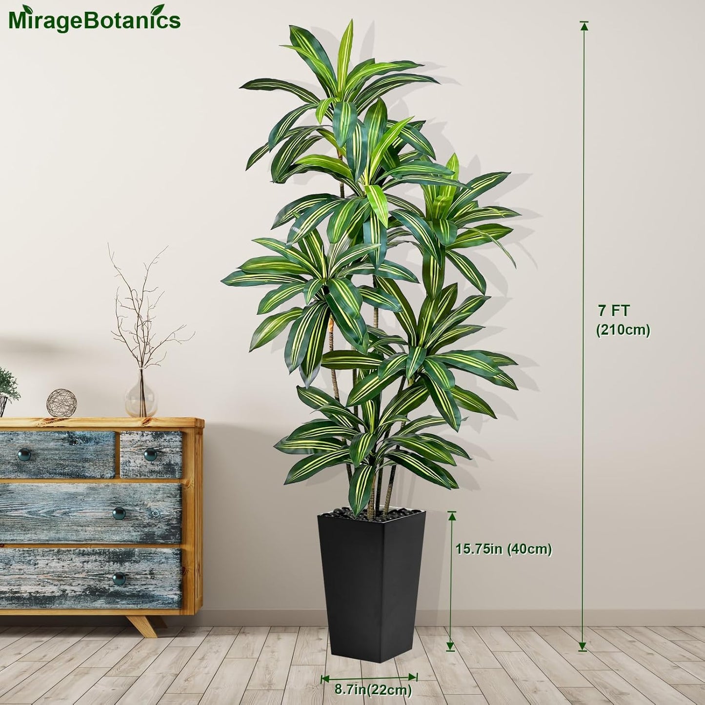 Artificial Dracaena Tree 7FT Tall Fake Plant with White Pot - Realistic Faux Dragon Tree with Tall Planter - Indoor Floor Plant for Home, Office,Mall, Living Room, Bedroom Decor (Black - Planter, 7ft)