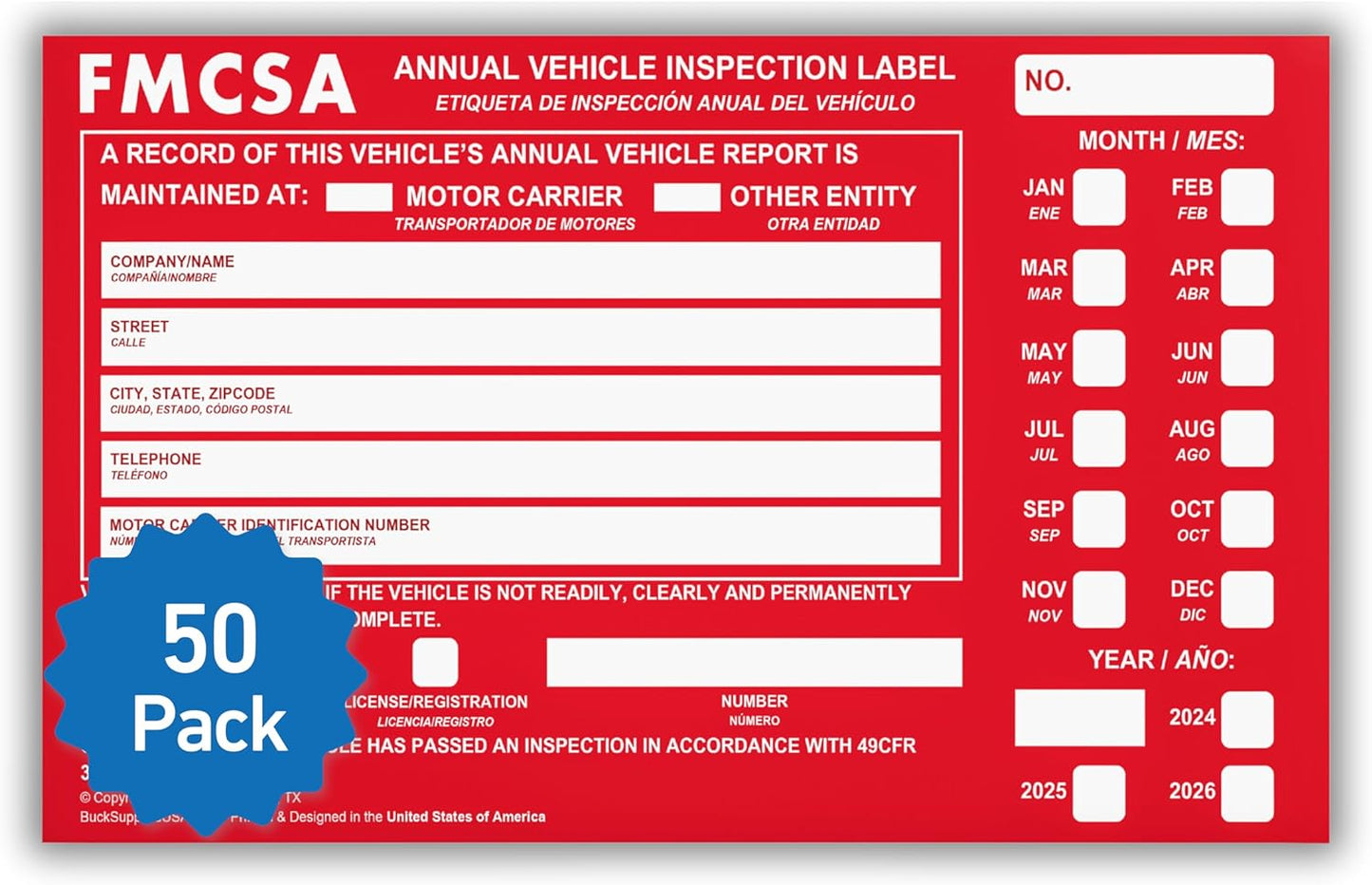 50 Pack Buck Aluminum Annual Vehicle Inspection Label with Punch Boxes, 2 Mil Red FMCSA Self Adhesive Sticker, DOT Compliant, Weatherproof, Tear Resistant, Easy to Write On, 6" x 3.5" - Made in USA