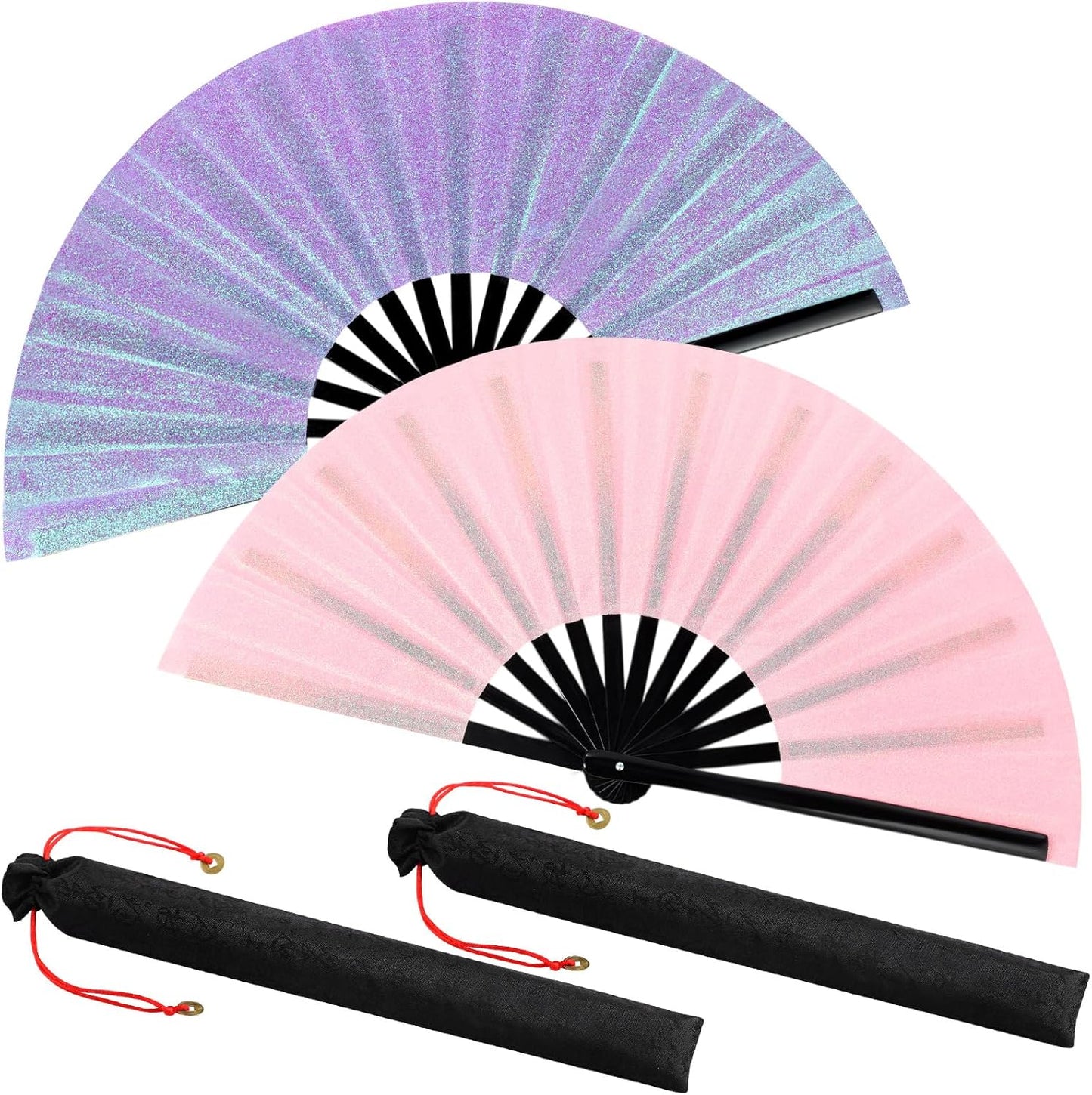 Maitys 2 Packs Large Clap Fans for Line Dancing Large Chinese Folding Hand Fans for Men and Women, Festival, Tai Ji, Kungfu, Martial Art, Gifts (Glitter Pink Purple)