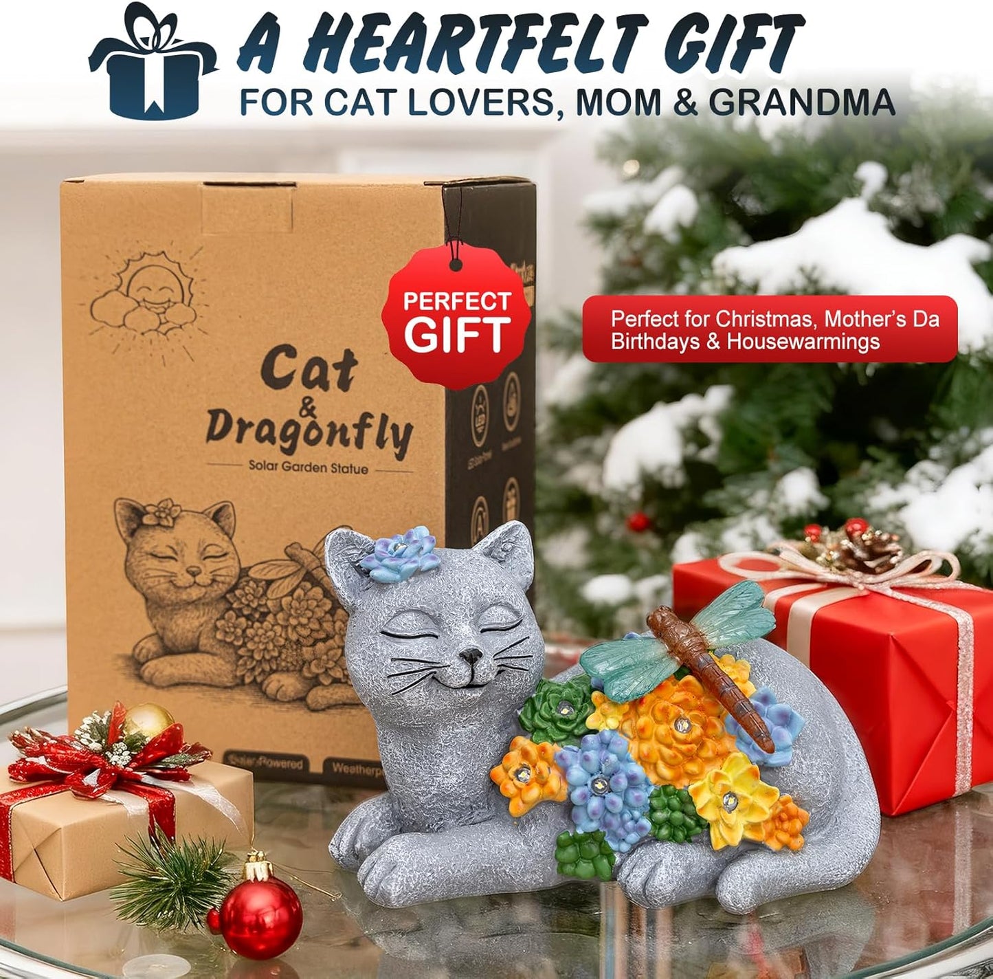 Solar Cat Garden Statue - Lying Outdoor Figurine with Dragonfly & Flower LEDs, Upgraded 2.0 Solar, Auto On/Off, IP65 Waterproof Hand-Painted Resin, Garden Decor, Gift for Cat Lovers, Mom, Grandma