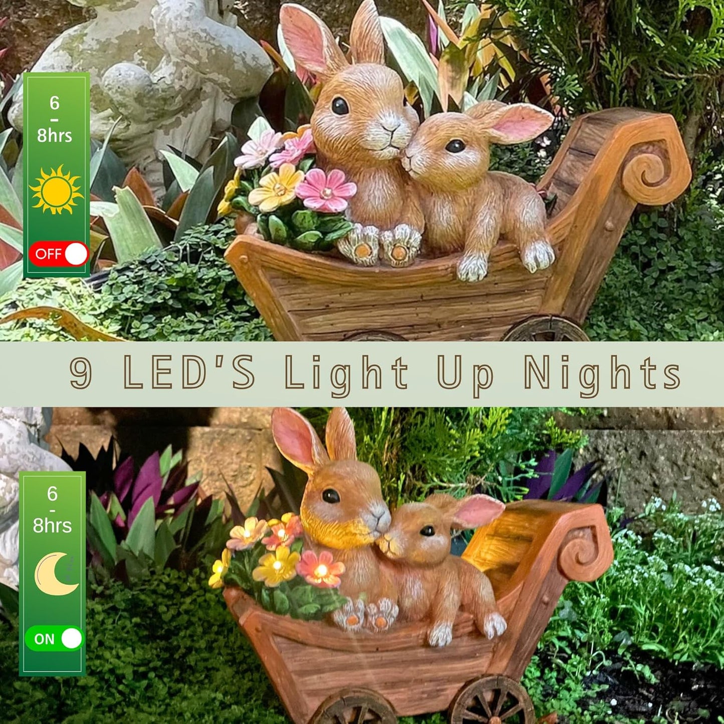 PRETMANNS Solar Rabbit Garden Statue - Mother & Baby Bunny Outdoor Decor with LED Lights for Patio, Yard Ornaments & Gifts for Women & Mom - Large