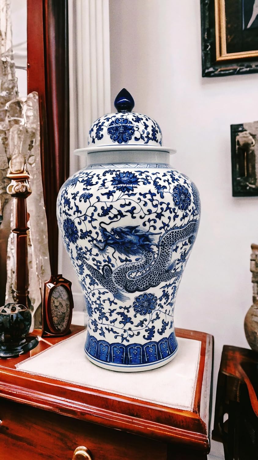 24" Classic Blue and White Dragon Porcelain Ceramic Temple Ginger Jar Vase, Large China Qing Style (Dragon)