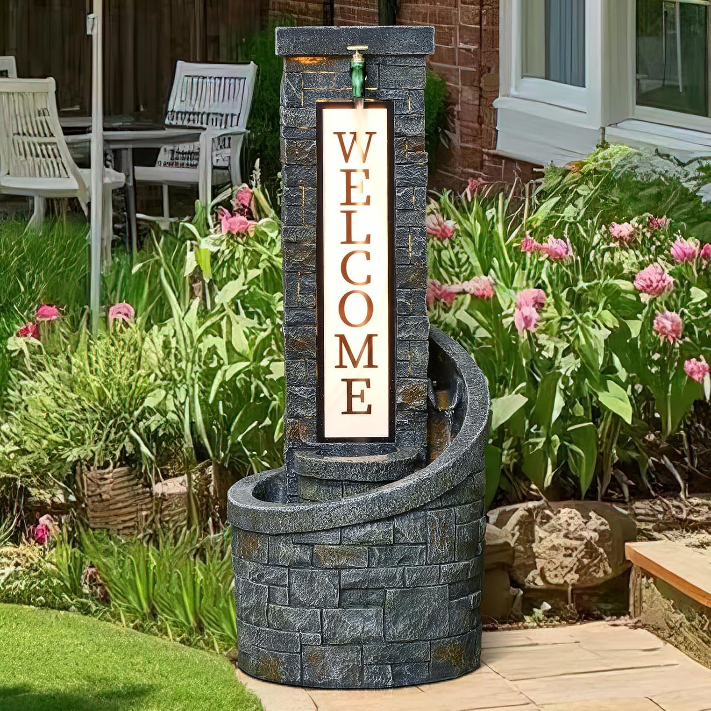 35.43 Inches Outdoor Water Fountain Welcome Garden Waterfall Indoor Modern Water Feature Freestanding Fountains with LED Lights and Pump for Patio Yard Pool Home Decor