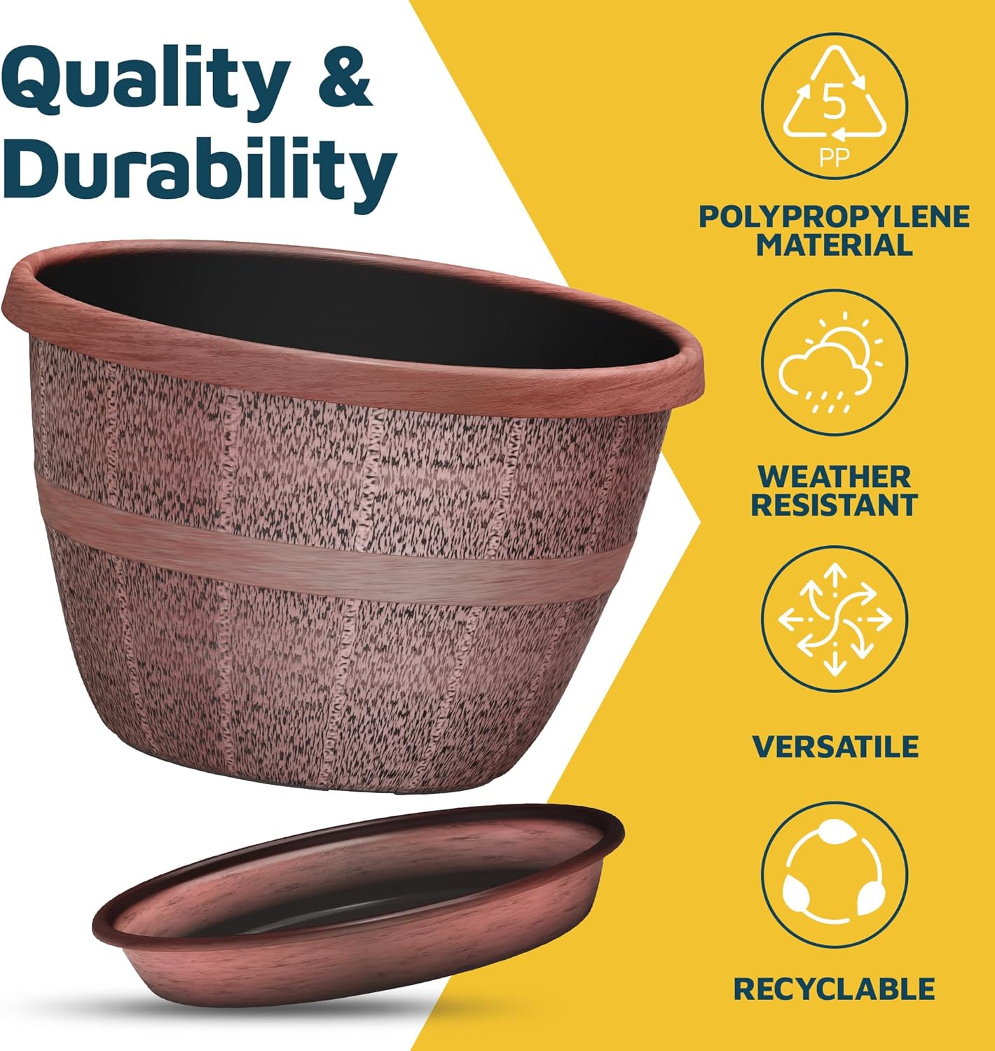 10-Inch Whiskey Barrel Planters Outdoor Pack of 25 - Durable Plastic Plant Pots for Indoor & Outdoor Use with Drainage & Saucer, Lightweight Rustic Barrel Planters for Flowers, Herbs & Small Plants