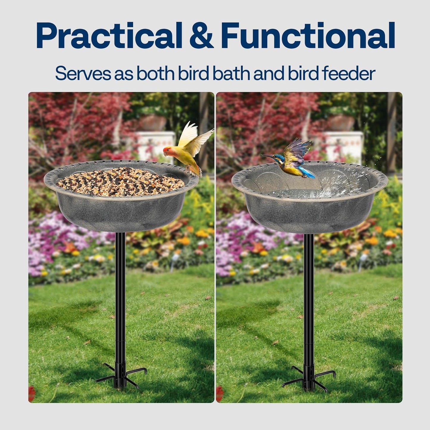 VIVOHOME Polyresin Bird Bath Bowl with Metal Stake, 29 Inch Height Outdoor Freestanding Birdfeeder, Capacity 1.4 Gallons, 5-Pronged Base, Gray