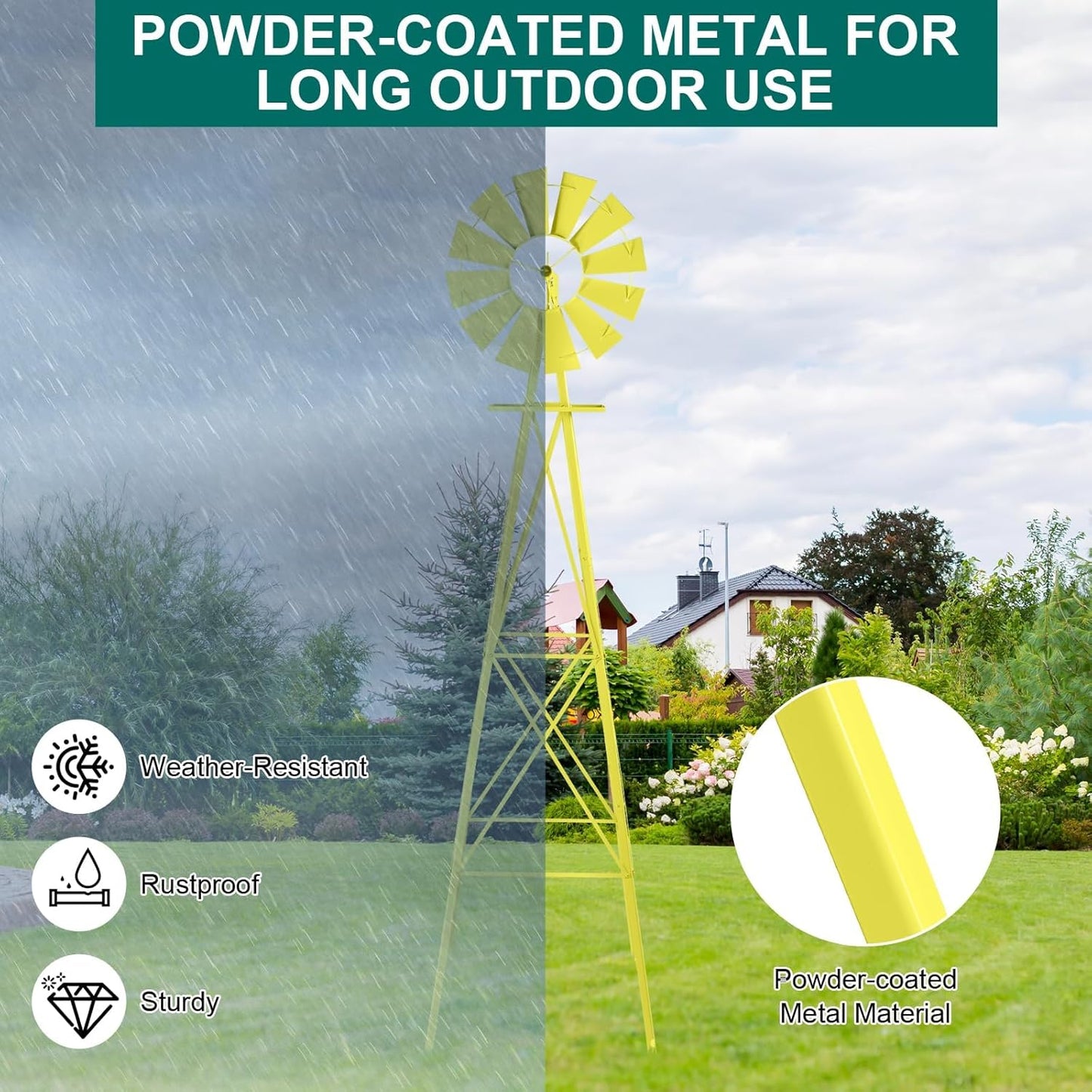 8FT Windmill for Yard Garden Decoration with Weather Vanes，Heavy Duty Outdoor Wind Mills, Large Metal Outdoor Windmill,Weather Resistant,Yellow