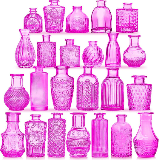 Glass Bud Vases Set of 24, Purple Vintage Small Vases for Flowers, Mini Glasses in Bulk, Small Flower Design for Centerpieces Wedding Decorations Home Flower Party Decor