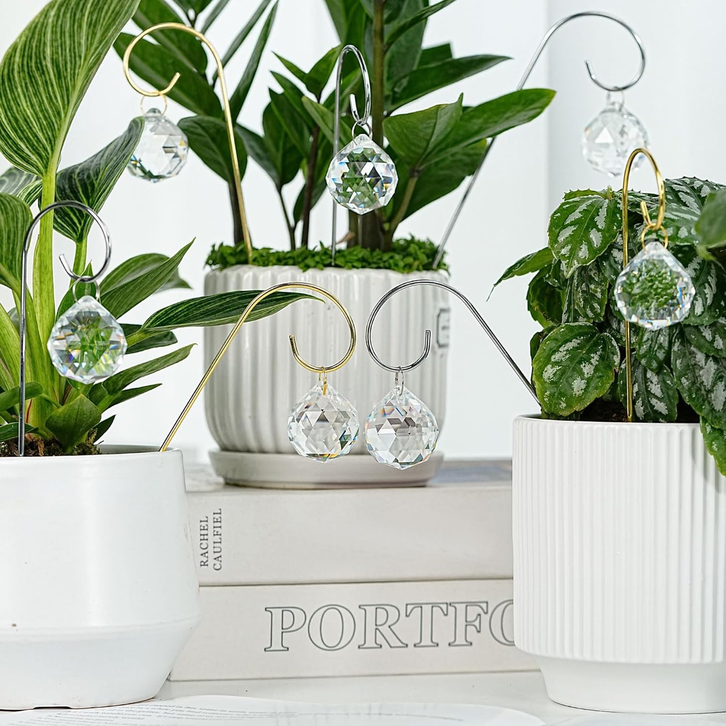 HDCRYSTALGIFTS 9 Pieces 30mm Crystal Ball Prisms Suncatchers with 7.5’’ Small Trellis for Mini Potted Plants Accessories Indoor Fairy Garden Sun Catchers Gift for Plant Lovers (Sliver Stakes)