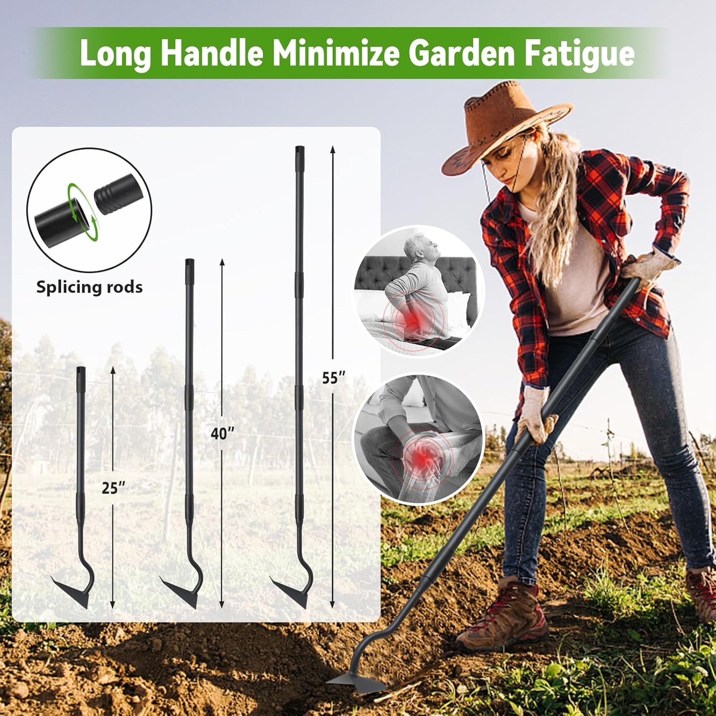 Garden Hoe, Heavy Duty Plow Hoe Garden Tool for Plowing,Cultivating, Trenching, Ridging, Weeding, Loosening Soil, 55 Inch Long Handle, V Shaped Sharp Triangle Hoe, Gardening Hand Tools