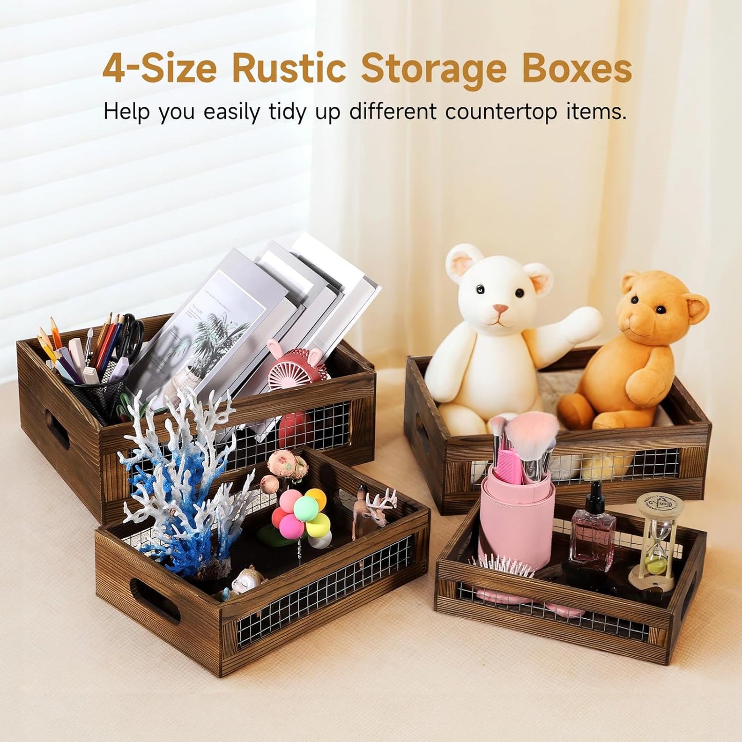 4 Pcs Wooden Nesting Countertop Baskets, 4-Size Rustic Storage Boxes, Wood Wire Containers with Handles, Multipurpose Decorative Organizer Crates for Fruits, Veggies, Kitchen, Pantry