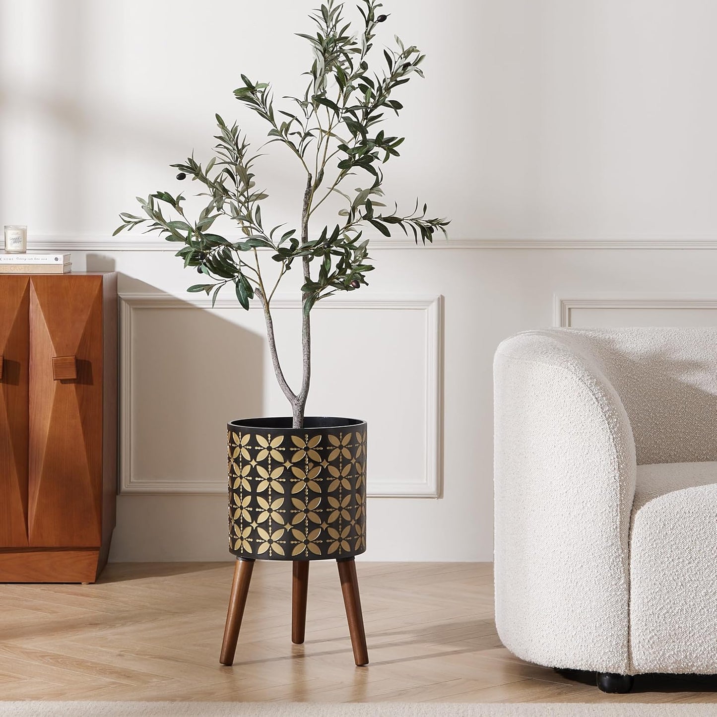 12 Inch Planter Pot with Stand, Planter for Indoor Plants, Drainage Holes and Rubber Plug, Modern Mid-Century Flower Planter Pot for Home Garden Patio, Black and Gold