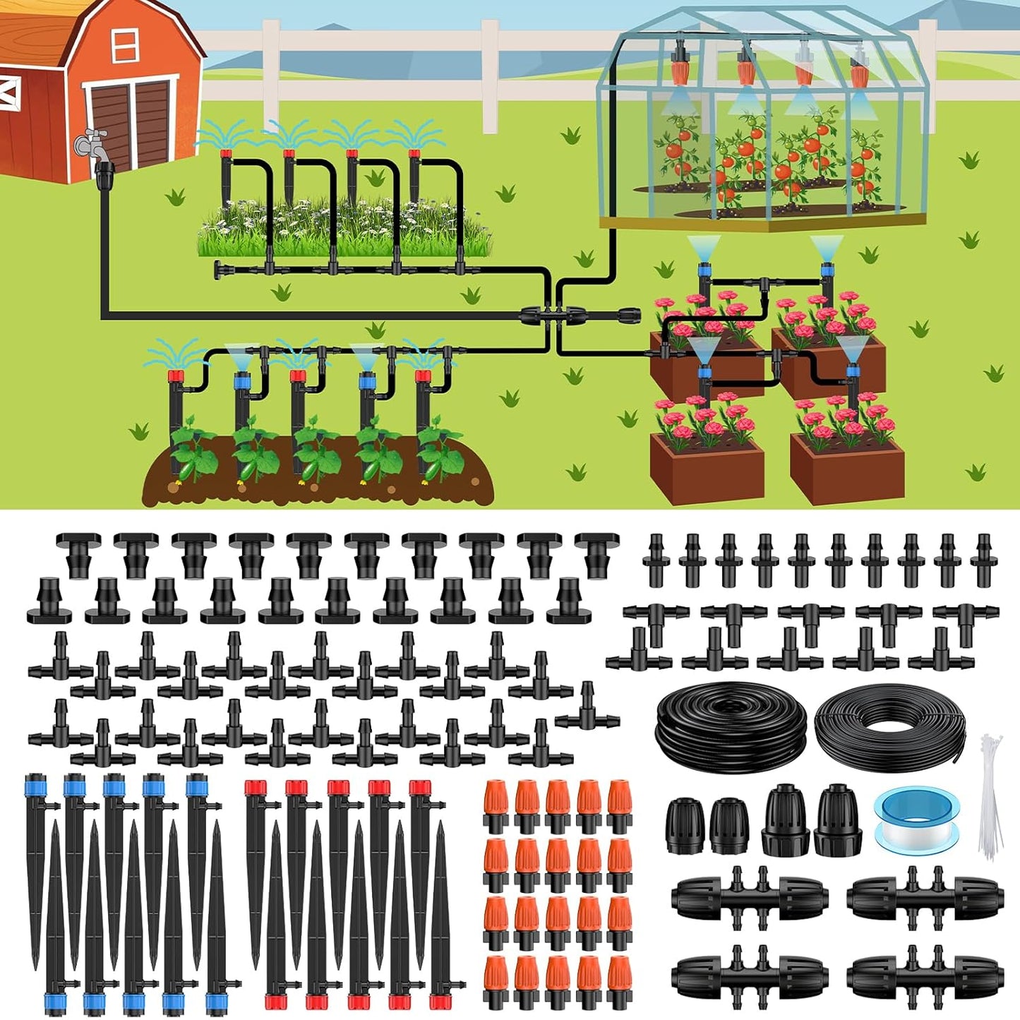Pawfly 240 ft Drip Irrigation System for Garden, Drip Irrigation Kit with 40ft 1/2" & 200ft 1/4" Tubing Adjustable Emitters Fittings and Accessories, Garden Watering System for Greenhouse Lawn Yard