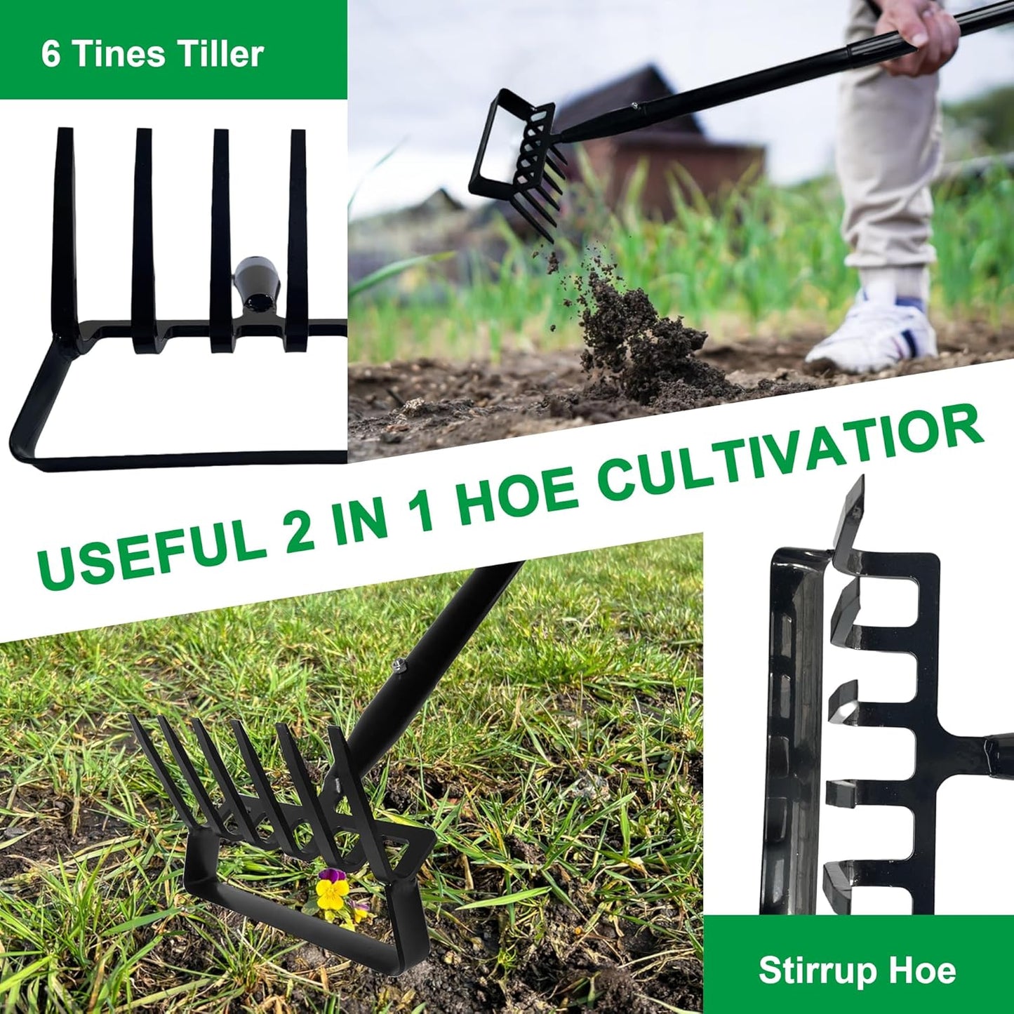 6-Tines Rake and Stirrup Hoe, Metal Garden Hula Hoes Tiller Rake Tool with Adjustable Long Handle, Action Scuffle Loop Hoe for Weeding, Digging, Loosening Soil