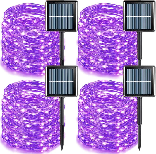 YEGUO Purple Halloween Lights Outdoor Waterproof, 4 Pack Each 33ft 100 LED Solar Fairy Lights, 8 Modes String Light for Outside