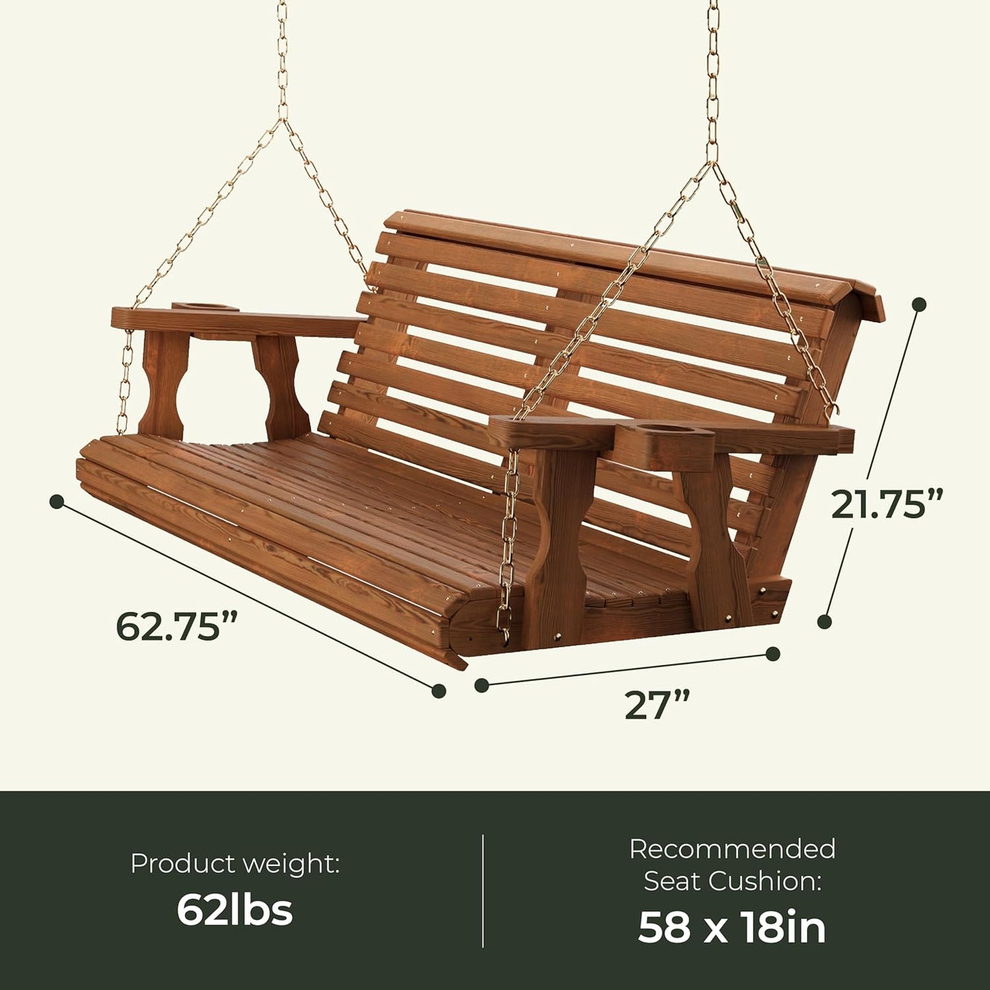 Amish Casual 5 Foot Roll Back Porch Swing with Cup Holders in Oak Stain - Amish Made in The USA from Treated Pine Heavy Duty 700 Lb. Weight Capacity