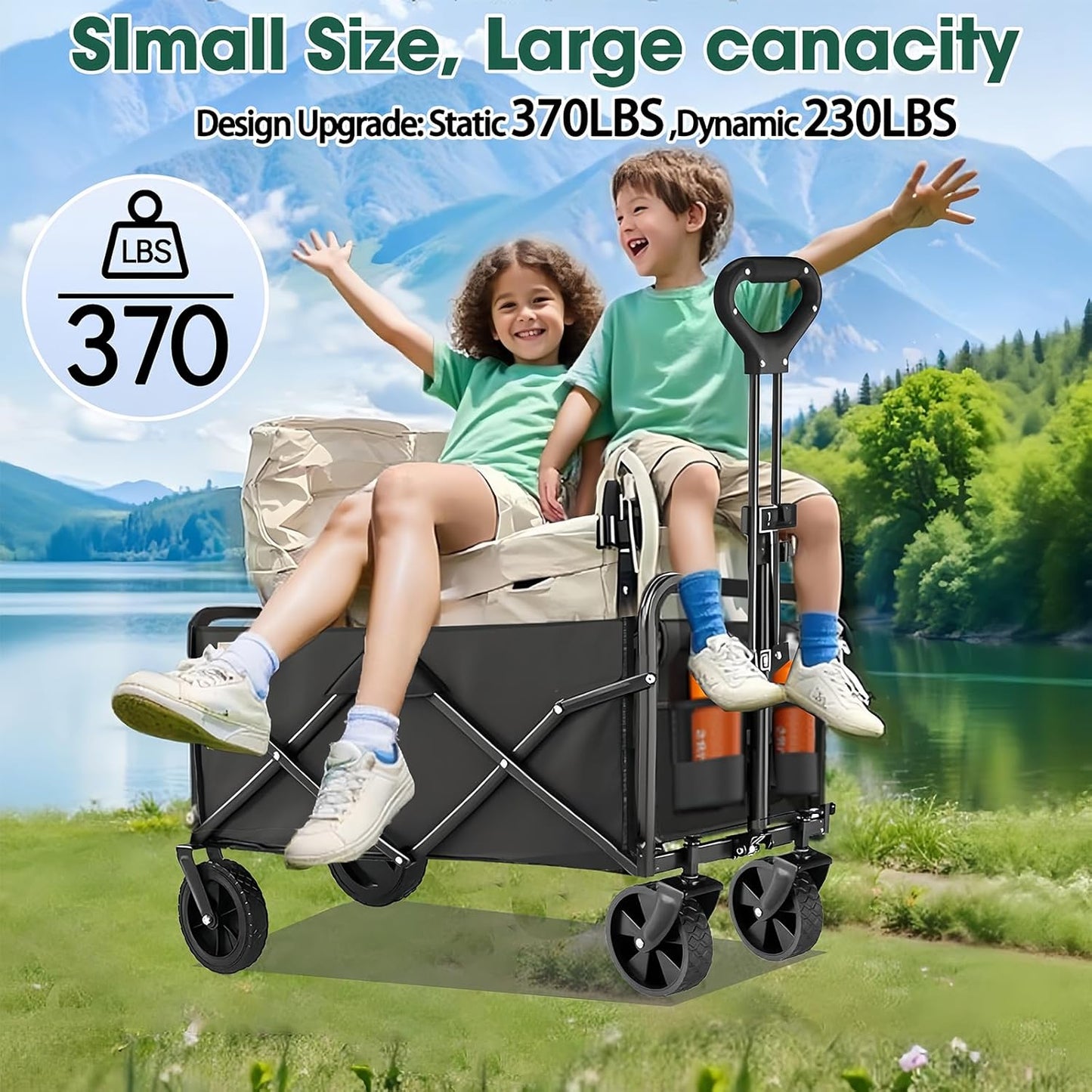 Collapsible Wagon with Wheels, 370lbs Weight Capacity Foldable Beach Wagon with Flexible Handle Portable Utility Wagon Cart for Outdoor, Grocery, Garden, Camping