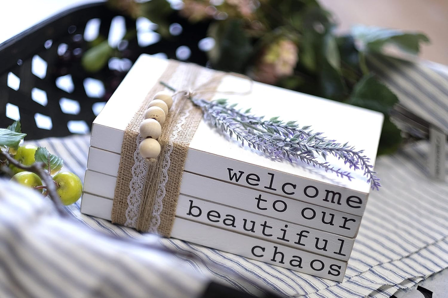 Lavender Inspired Welcome to Our Beautiful Chaos - Rustic Farmhouse Stacked Books - Set of 4 Wooden Book Bundle - Farmhouse Home Decor - Housewarming Gift