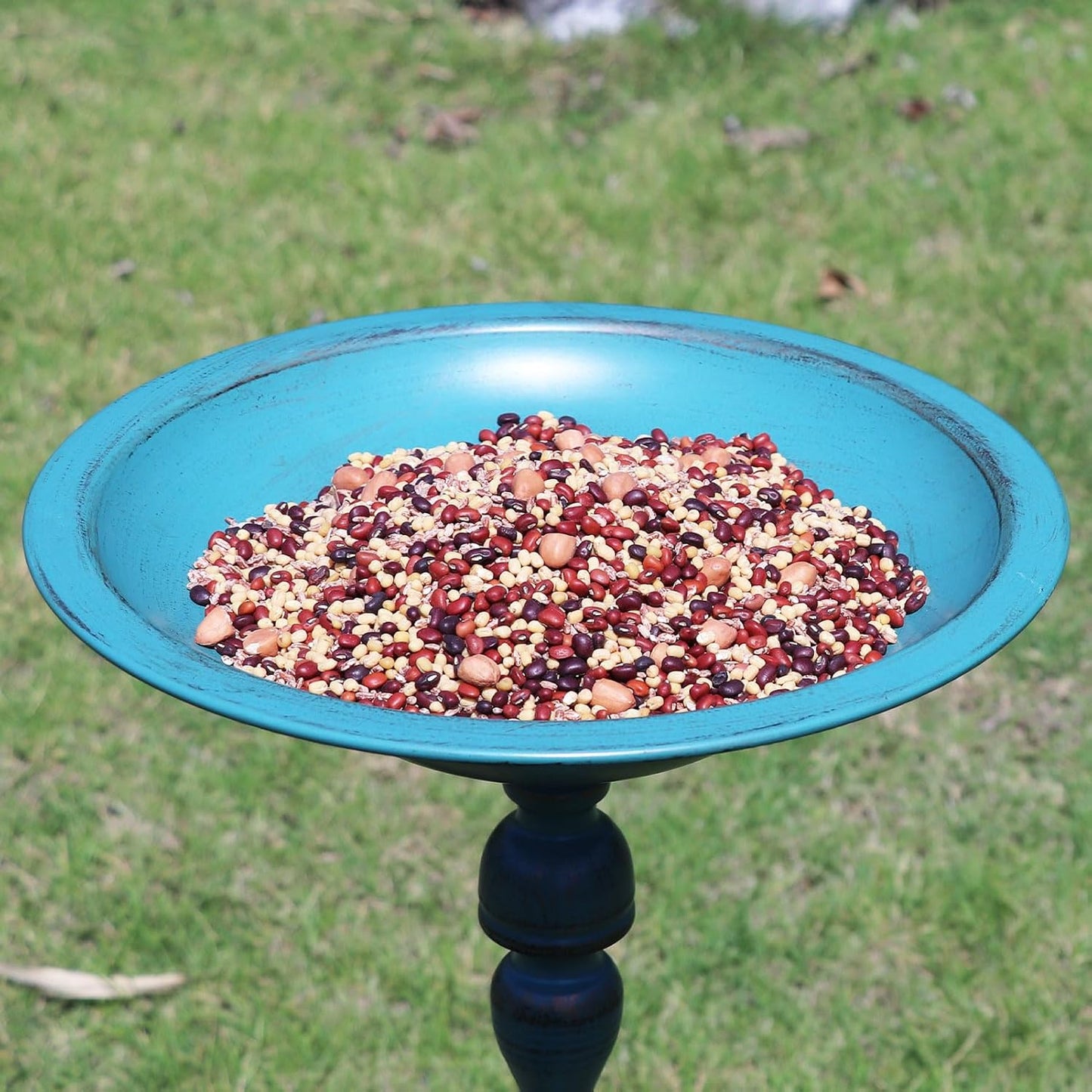 26.6”H Cast Iron Pedestal Bird Bath，Metal Birdbaths Bird Feeder Seed Tray for Garden Yard Decor -Blue.