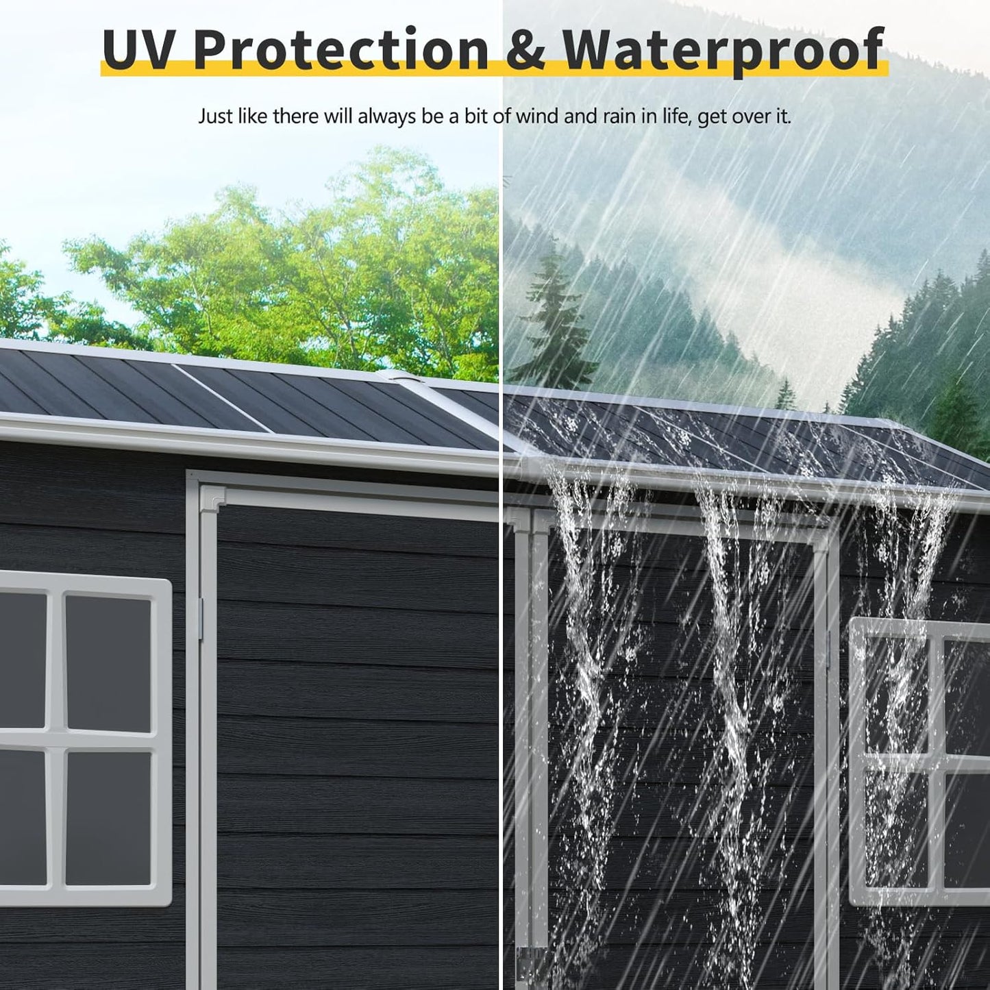 8x4 ft Outdoor Resin Storage Shed with Floor, Waterproof Plastic Garden Shed with Lockable Door and Two Windows, All-Weather Tool Sheds for Backyard, Patio, Lawn (Black)