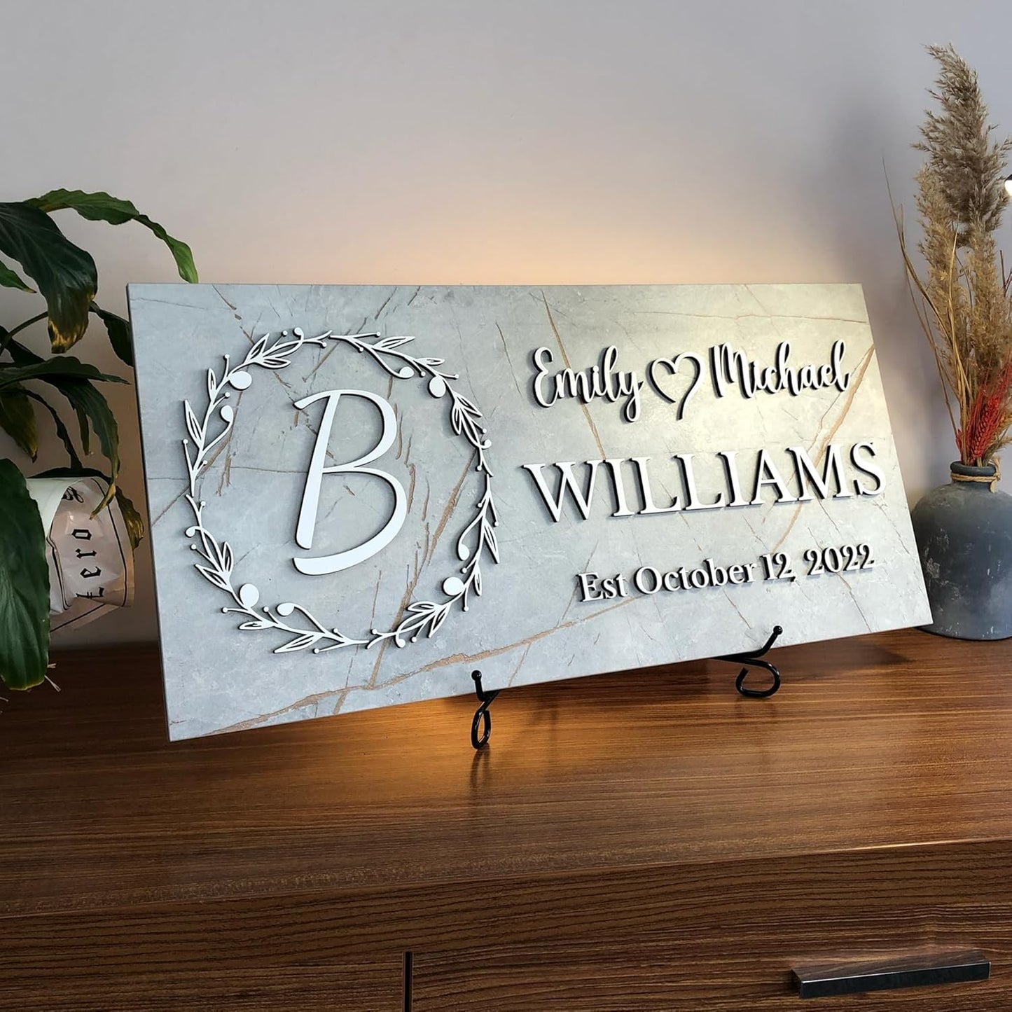 Personalized Monogrammed Family Name Sign with Couple Names, Marble Look Wood Sign, Personalized Wedding Gift, Modern Established Date Wall Decor, Anniversary of Housewarming