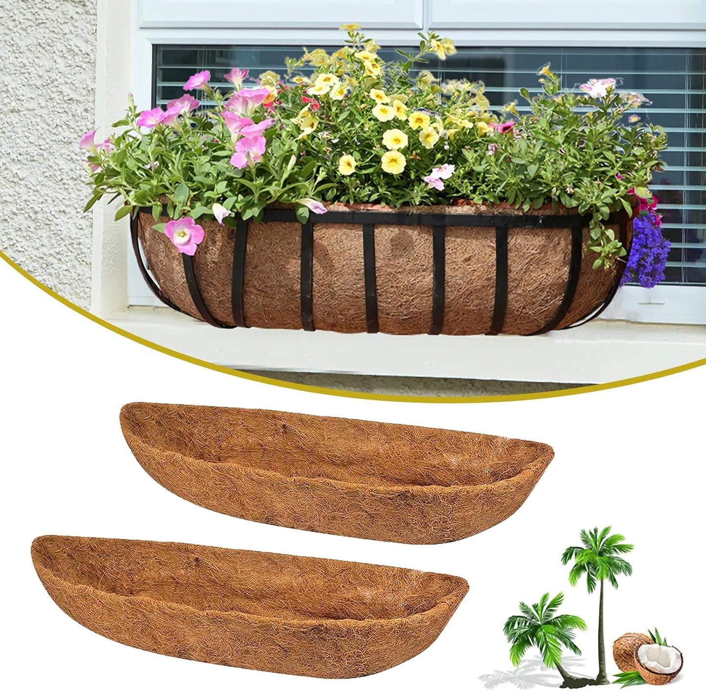 STONESTAR 2-Pack Coconut Liners for Planters 36 inch, Half-Moon Shape Window Box Liners Coconut Planter Liners Replacement, Trough Coco Liners for Planters Flower Baskets (36 inch)
