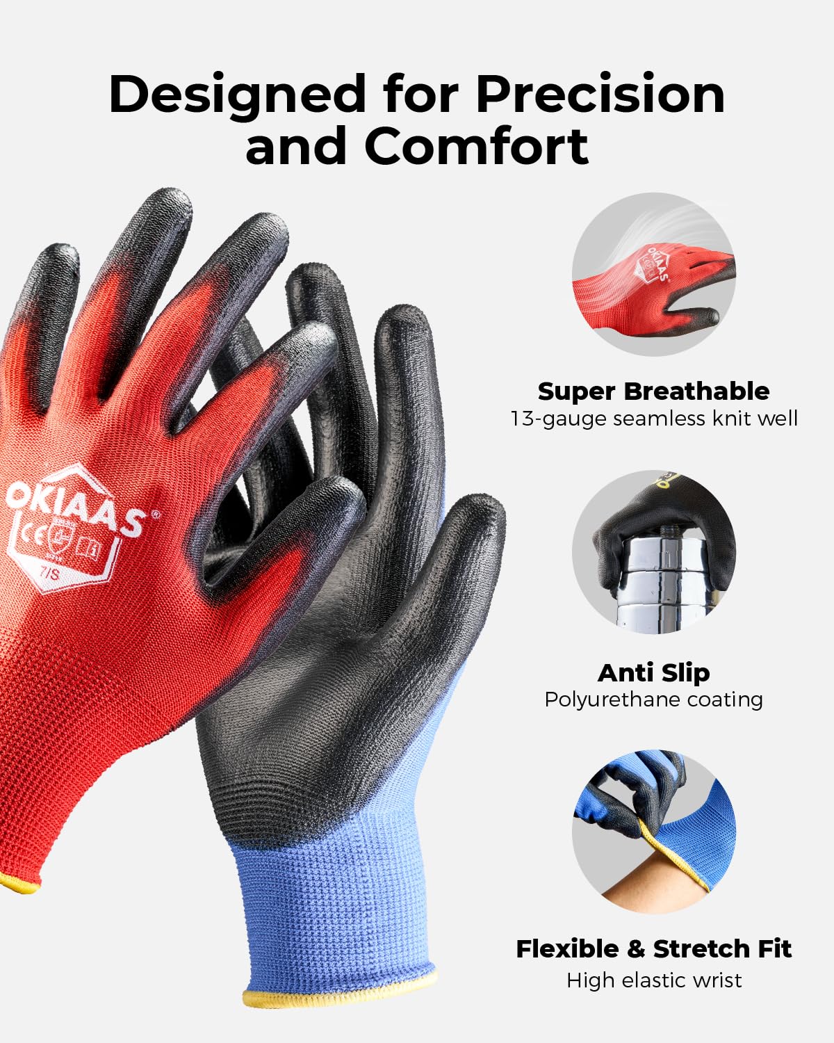 OKIAAS Men's Blue Medium Thin and Lightweight Working Gloves with Grip, 12 Pairs Bulk Pack Construction Gloves