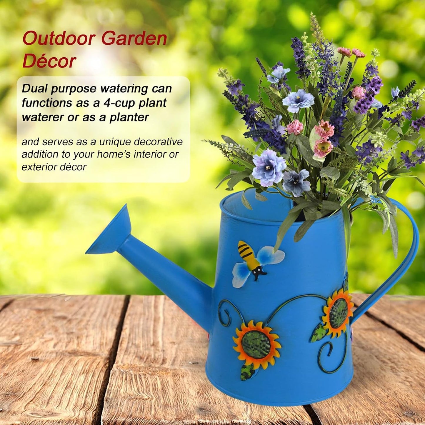 Decorative Sunflower & Bee Metal Watering Can (Vol: 4 Cups) | Small Blue Watering Can | Garden Décor Housewarming Gift for Mother Women Friends Gardeners